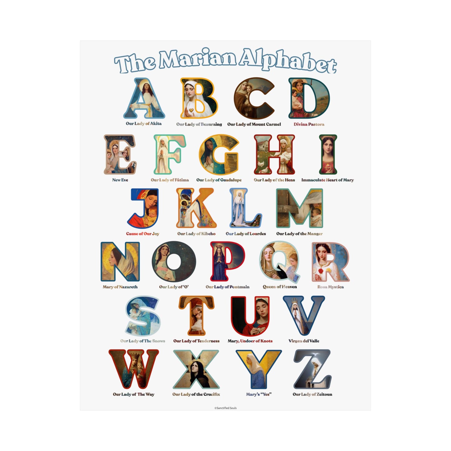 Catholic Marian Alphabet Poster - ABC Wall Art - Marian Titles Catholic Print - Catholic Nursery or Homeschool Faith Decor - Mother Mary Art