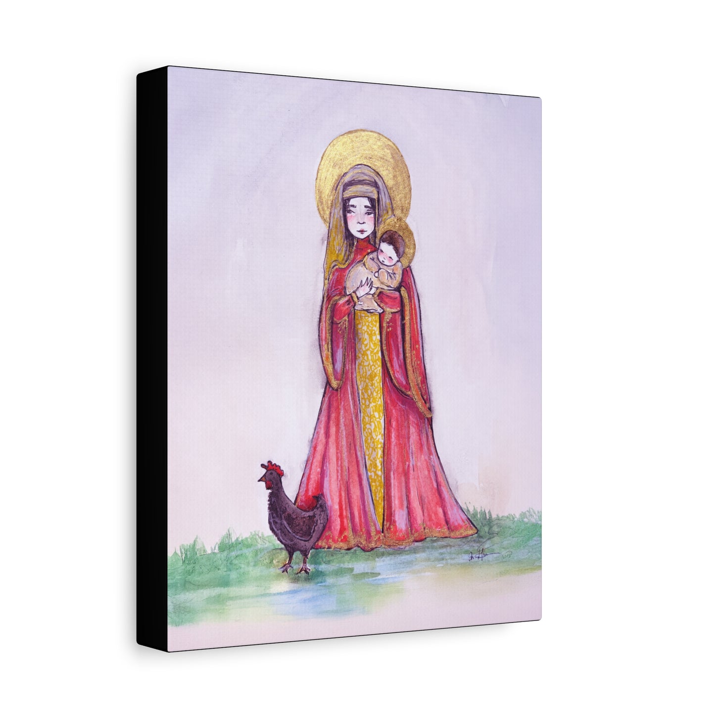 Our Lady of the Hens Catholic Canvas Print | Virgin Mary and Child Sacred Art | Hand-Drawn Watercolor Marian Wall Art
