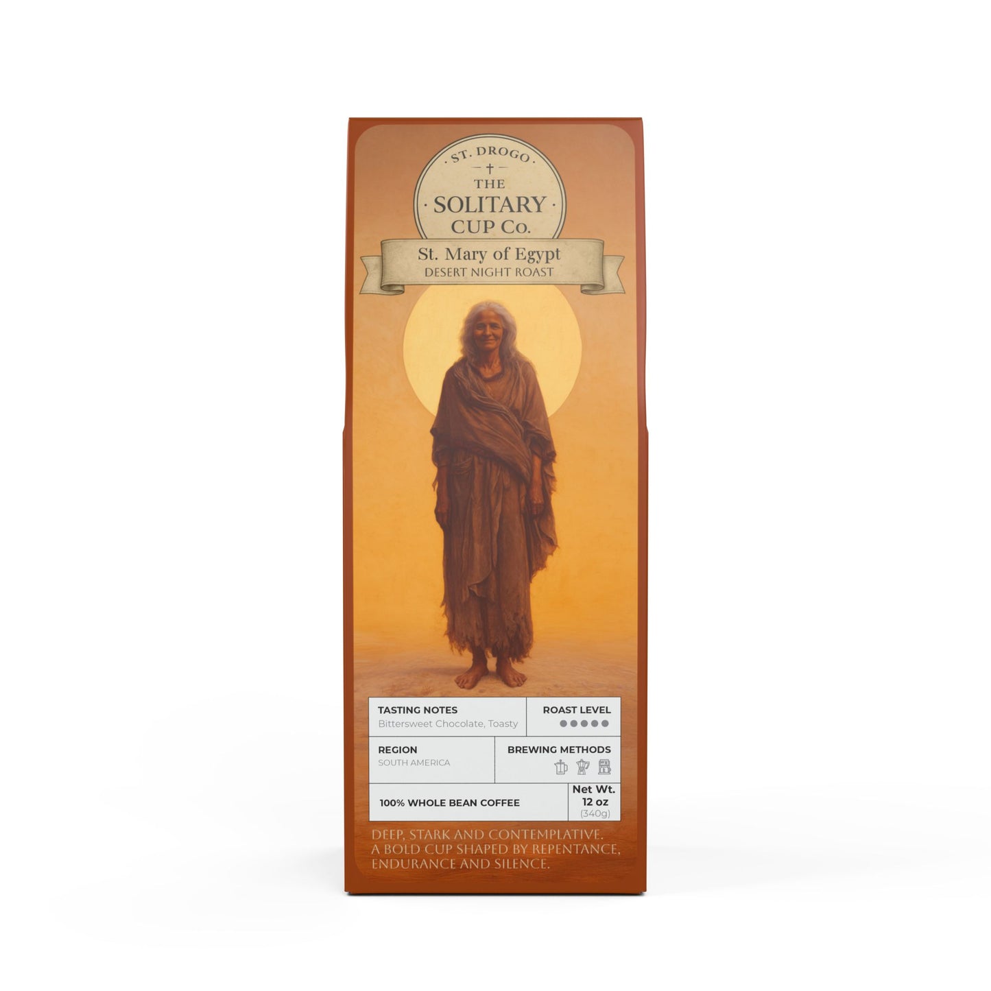 St. Mary of Egypt - Desert Night Roast (Dark French Roast) - St. Drogo - The Solitary Cup Co. - Artisan Catholic Saint Inspired Coffee - 12 oz.
