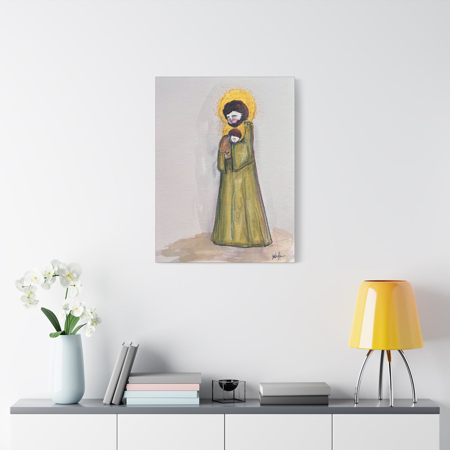 Saint Joseph and Child Jesus Catholic Canvas Print | Hand-Drawn Watercolor Sacred Art | Christian Devotional Wall Art