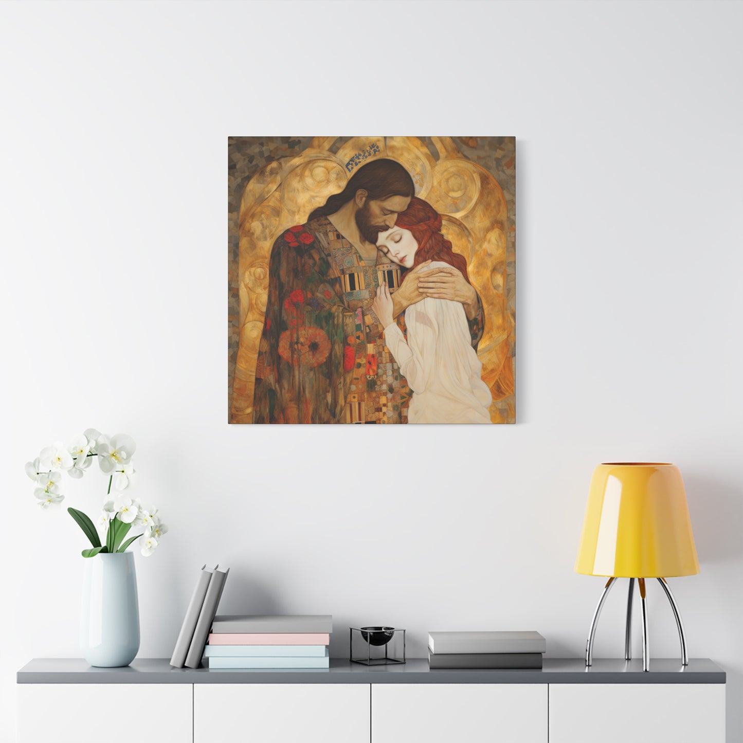 Christ Embracing Mary Magdalene Museum Wrapped Canvas - Sanctified Souls Print -Based on Klimt's The Kiss - Religious Catholic Art