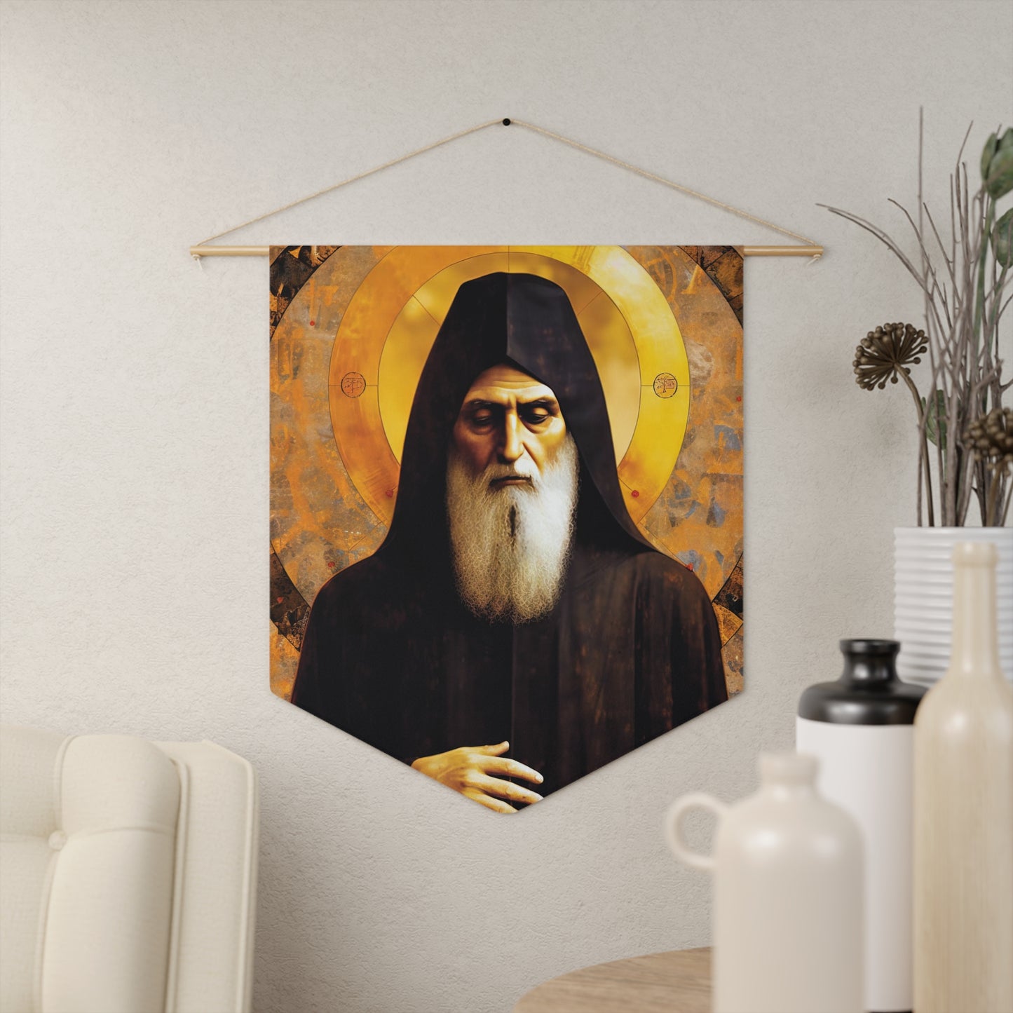 Saint Charbel Makhlouf Wall Banner / Wall Hanging - Unique Religious Art for your home - Prayer room - Catholic Home Art - 18" x 21"