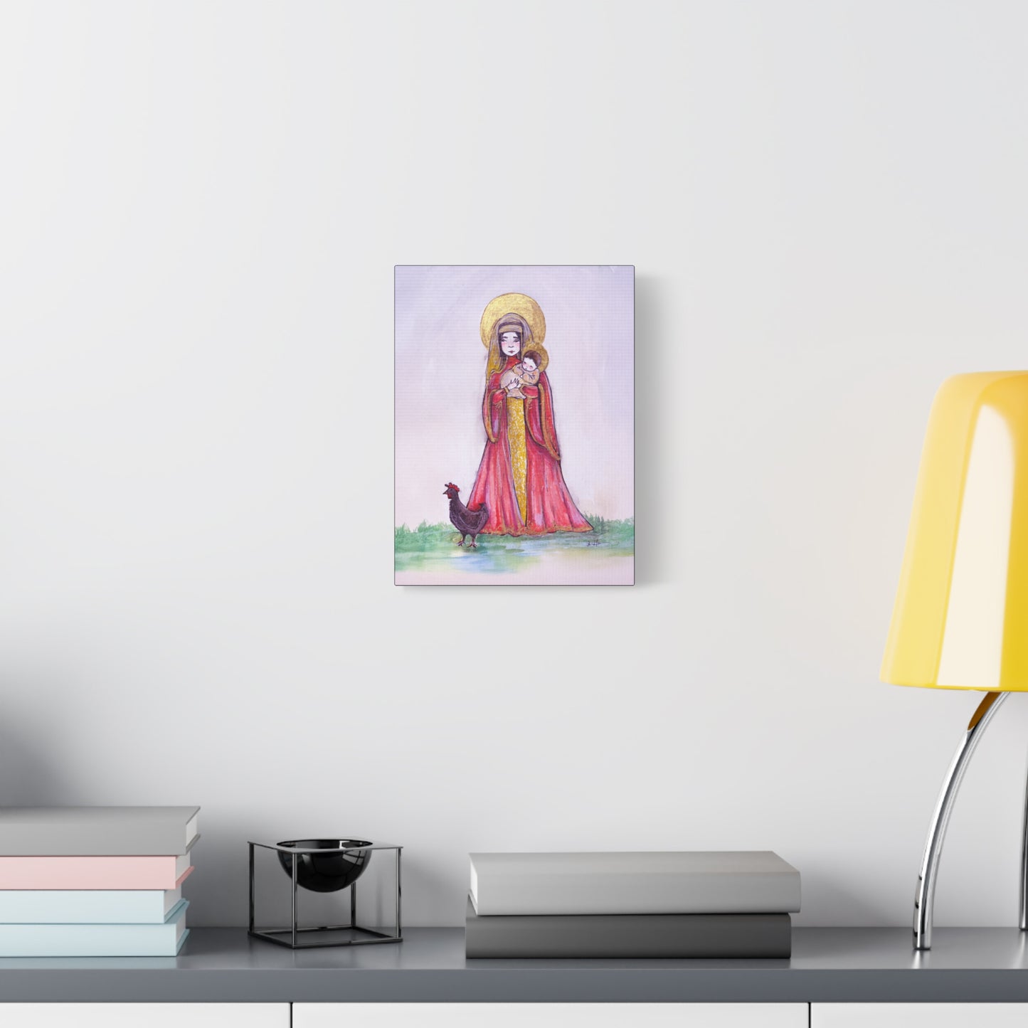 Our Lady of the Hens Catholic Canvas Print | Virgin Mary and Child Sacred Art | Hand-Drawn Watercolor Marian Wall Art