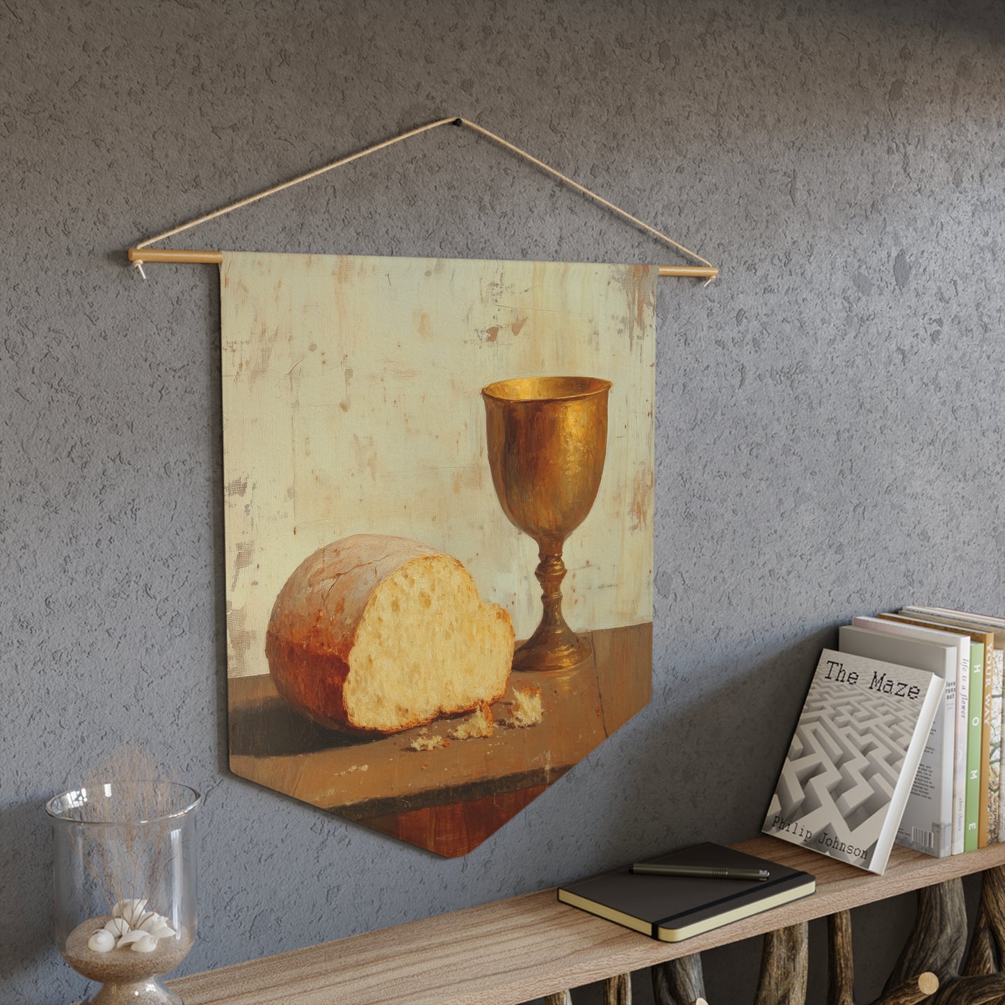 Cup of Sorrows, Bread of Life Pennant / Banner / Wall Hanging - Prayer room art - Catholic Home - 18" x 21"