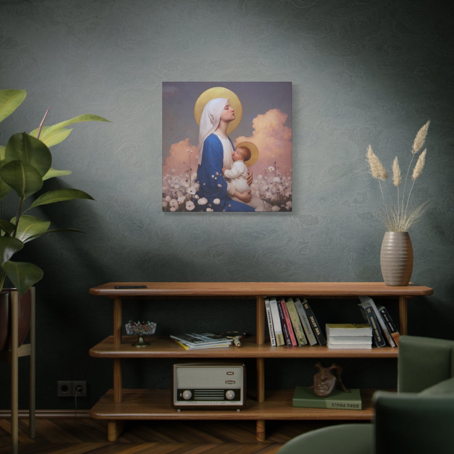 Mother Mary - Our Lady Among the Flowers -  Museum Wrapped Canvas - Sanctified Souls Print - Religious Art for your Home - Catholic Mother Mary Art