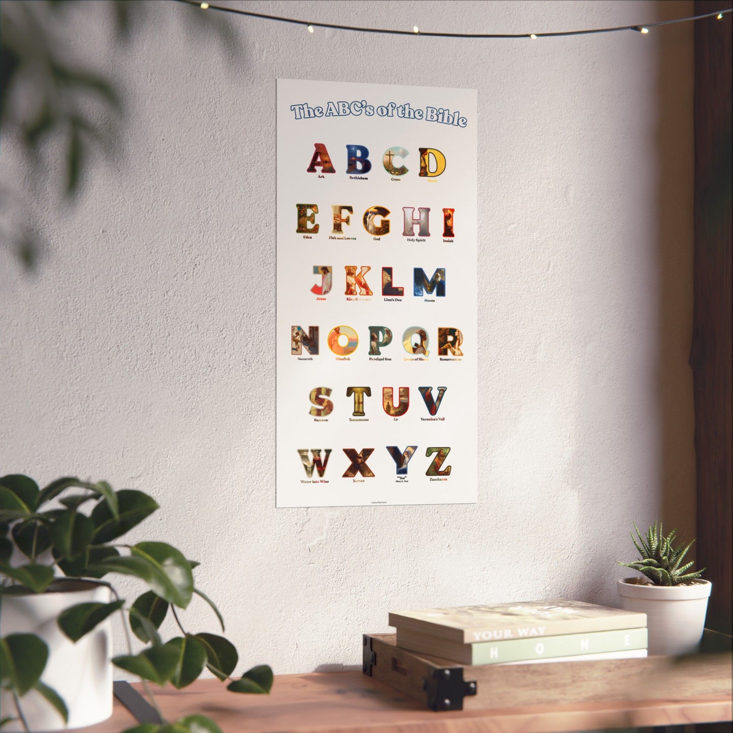 Bible ABC Poster - ABCs of the Bible Wall Art - Biblical People Places and Stories Chart - Christian Homeschool or Sunday School Decor