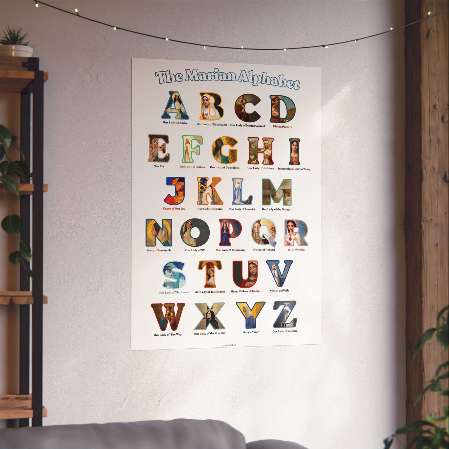 Catholic Marian Alphabet Poster - ABC Wall Art - Marian Titles Catholic Print - Catholic Nursery or Homeschool Faith Decor - Mother Mary Art