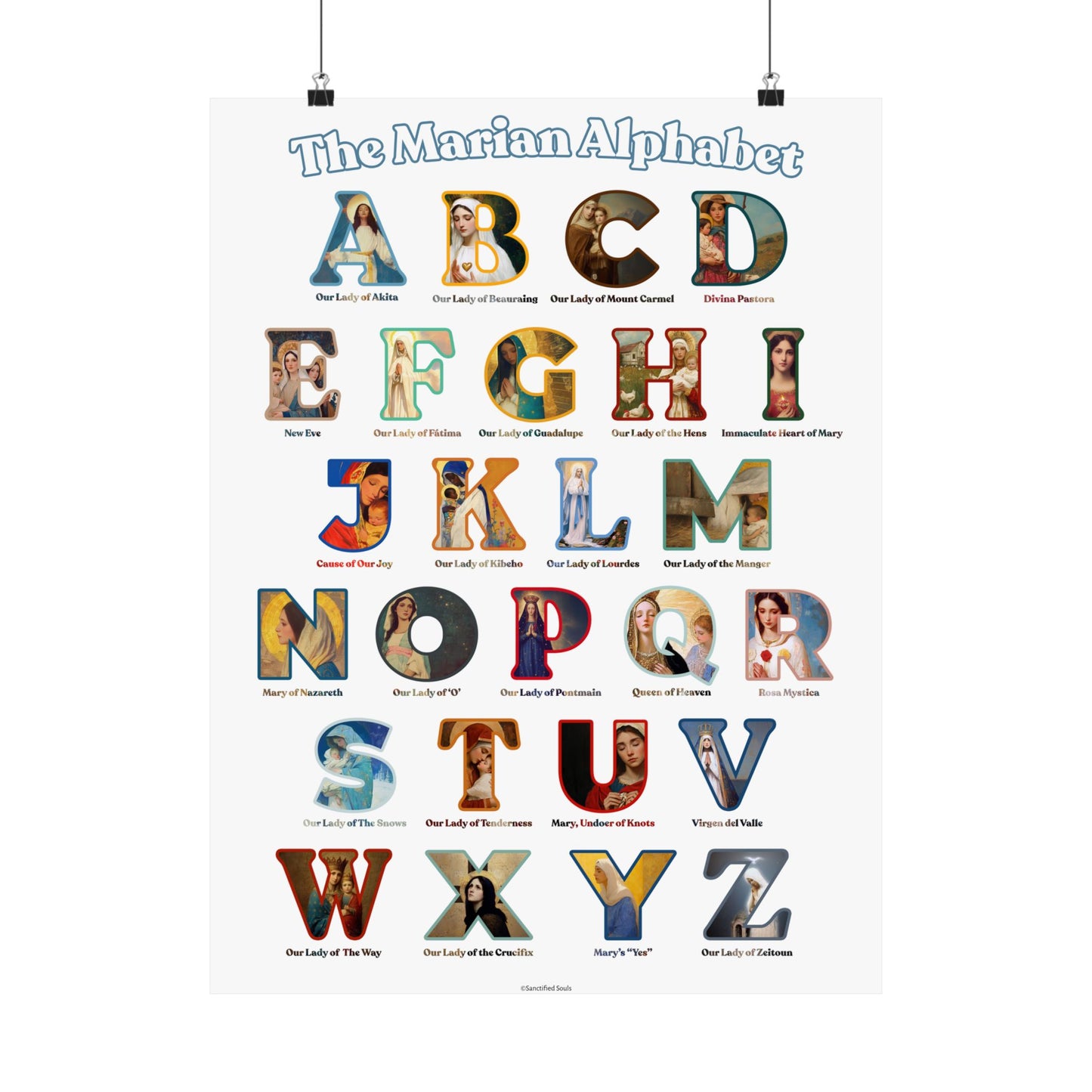 Catholic Marian Alphabet Poster - ABC Wall Art - Marian Titles Catholic Print - Catholic Nursery or Homeschool Faith Decor - Mother Mary Art