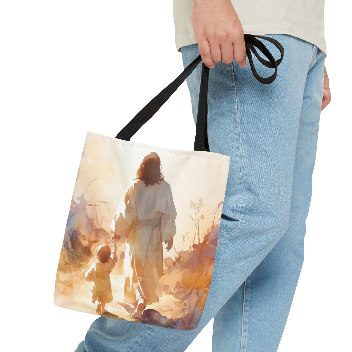 Jesus Guiding a Child in Faith Tote Bag - Large Medium Small Faith Art Bag - Catholic Faith Purse - Religious Carry All