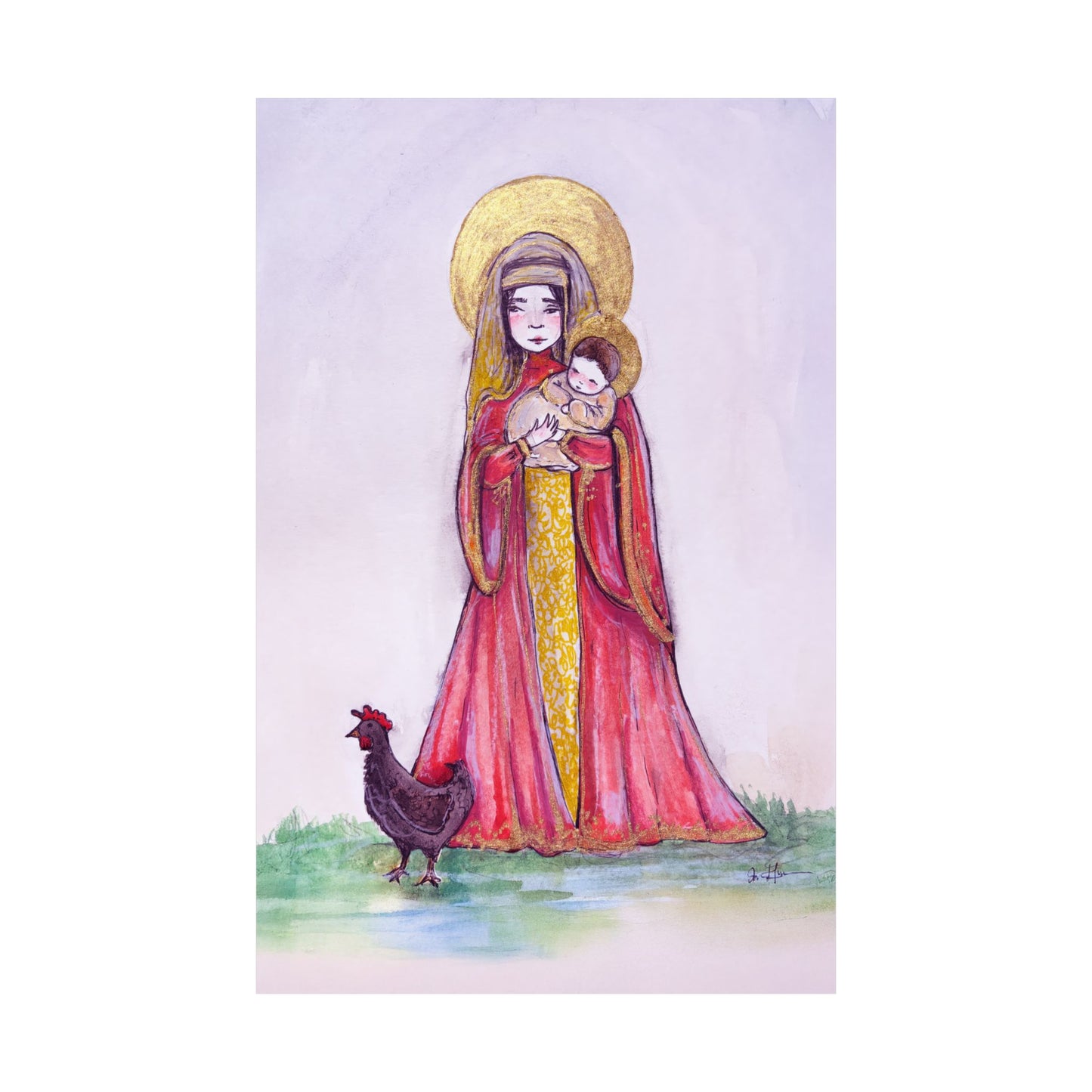 Our Lady of the Hens Catholic Art Print | Hand-Drawn Watercolor Virgin Mary Artwork | Christian Devotional Marian Wall Art
