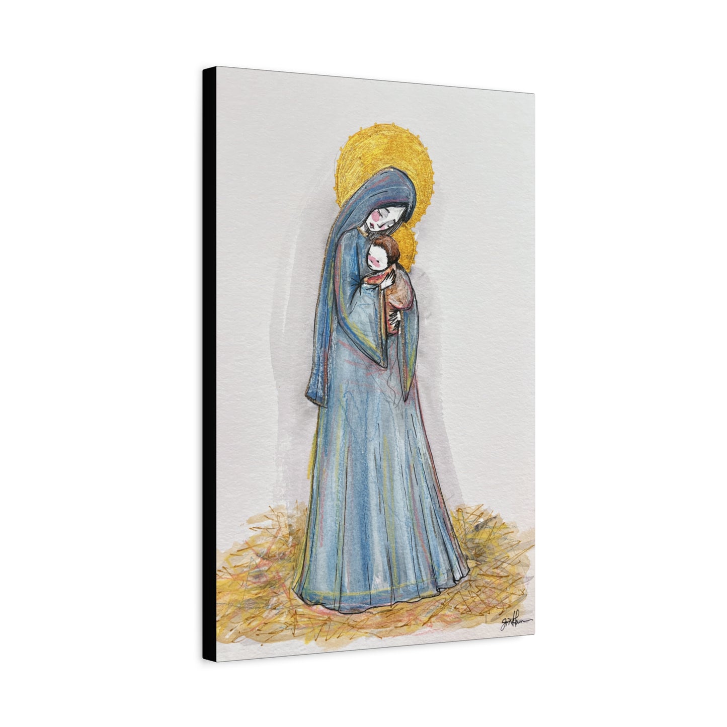 Our Lady of the Manger - Mother Mary Art - Catholic Canvas Print | Virgin Mary Sacred Art | Hand-Drawn Watercolor Christian Wall Art