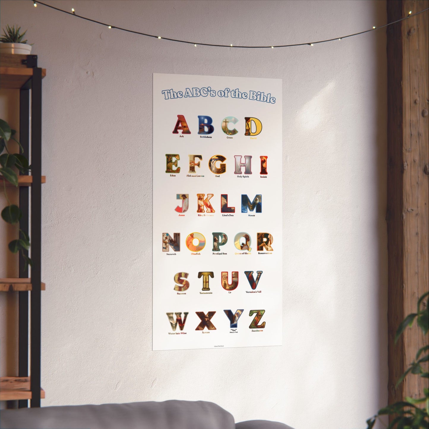 Bible ABC Poster - ABCs of the Bible Wall Art - Biblical People Places and Stories Chart - Christian Homeschool or Sunday School Decor