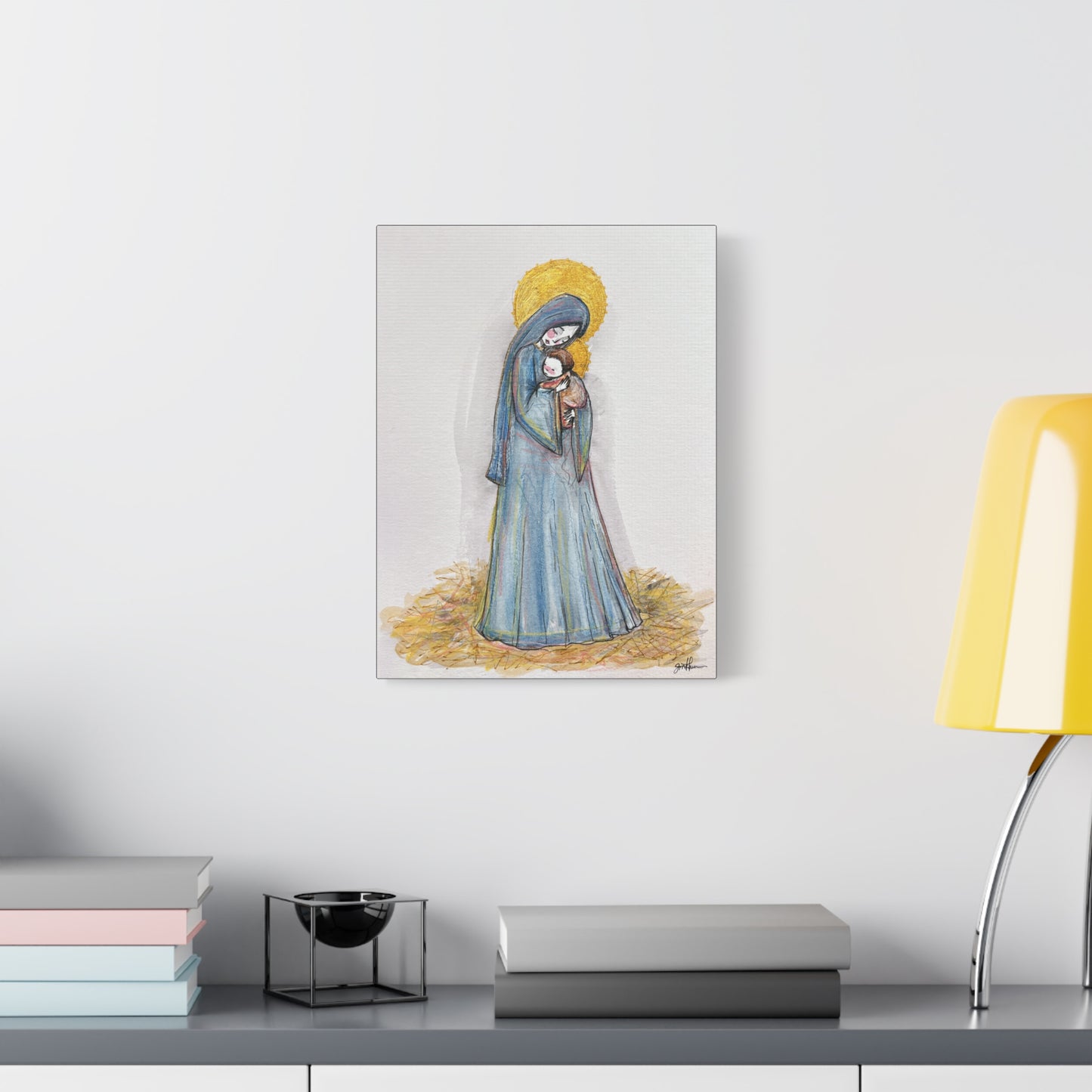 Our Lady of the Manger - Mother Mary Art - Catholic Canvas Print | Virgin Mary Sacred Art | Hand-Drawn Watercolor Christian Wall Art
