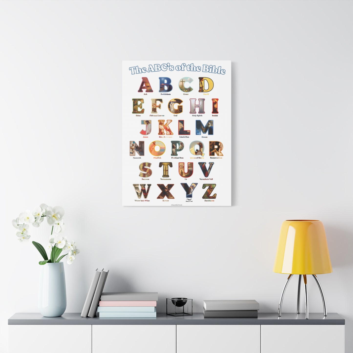 Catholic Bible ABC Prints - Alphabet Canvas - ABCs of the Bible Wall Art - Biblical People Places and Stories -  Homeschool / Sunday School