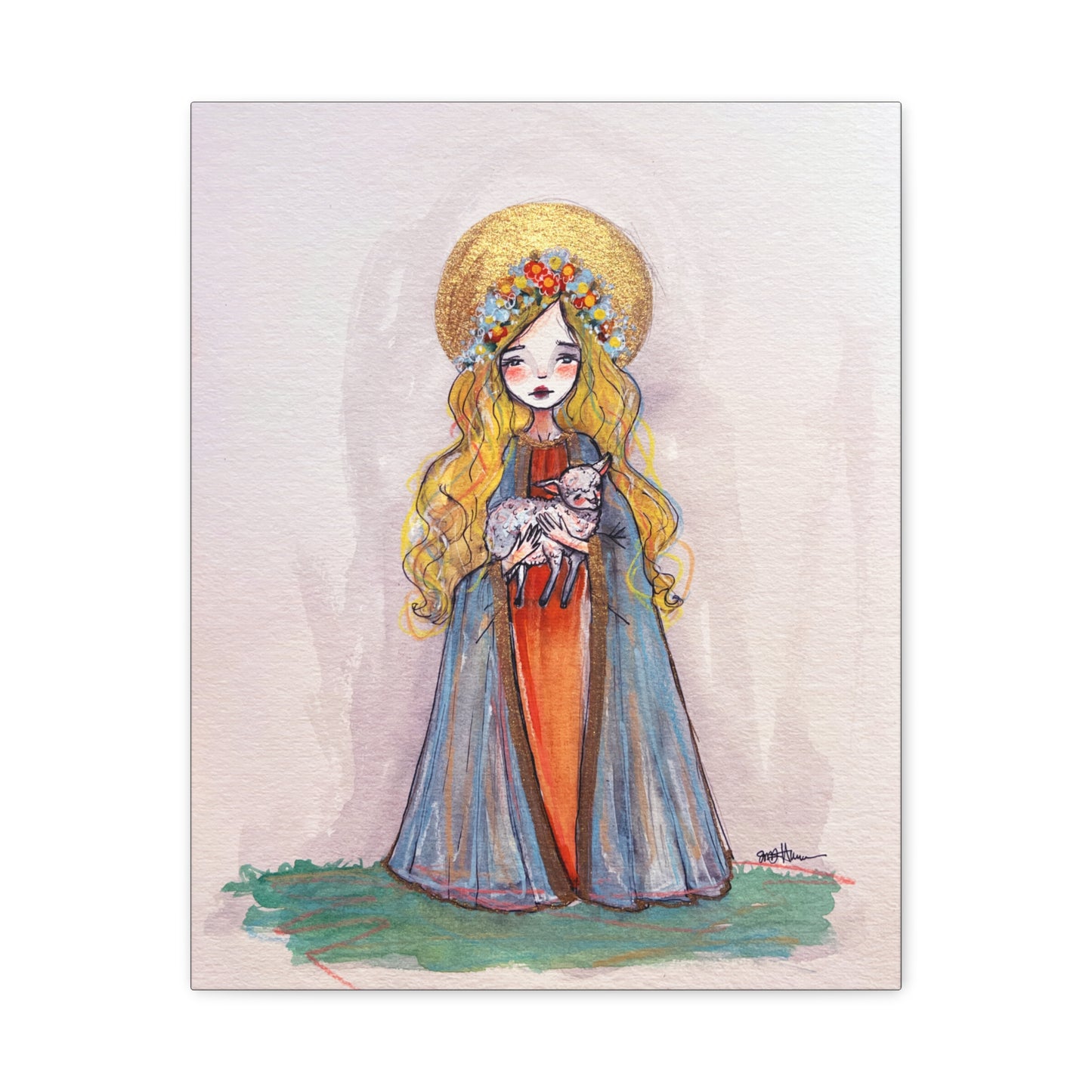 Saint Agnes of Rome Catholic Canvas Print | Christian Sacred Art | Hand-Drawn Watercolor Devotional Wall Art Religious Artwork