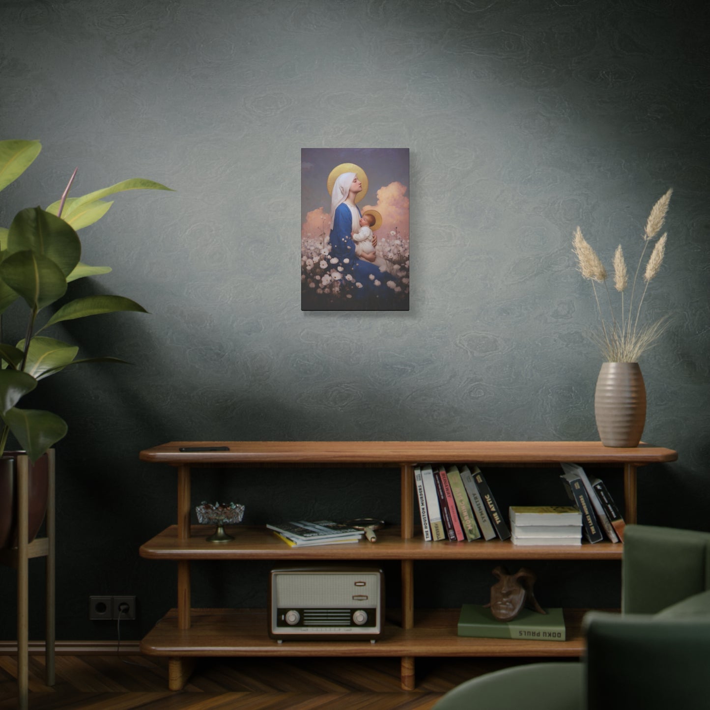 Mother Mary - Our Lady Among the Flowers -  Museum Wrapped Canvas - Sanctified Souls Print - Religious Art for your Home - Catholic Mother Mary Art