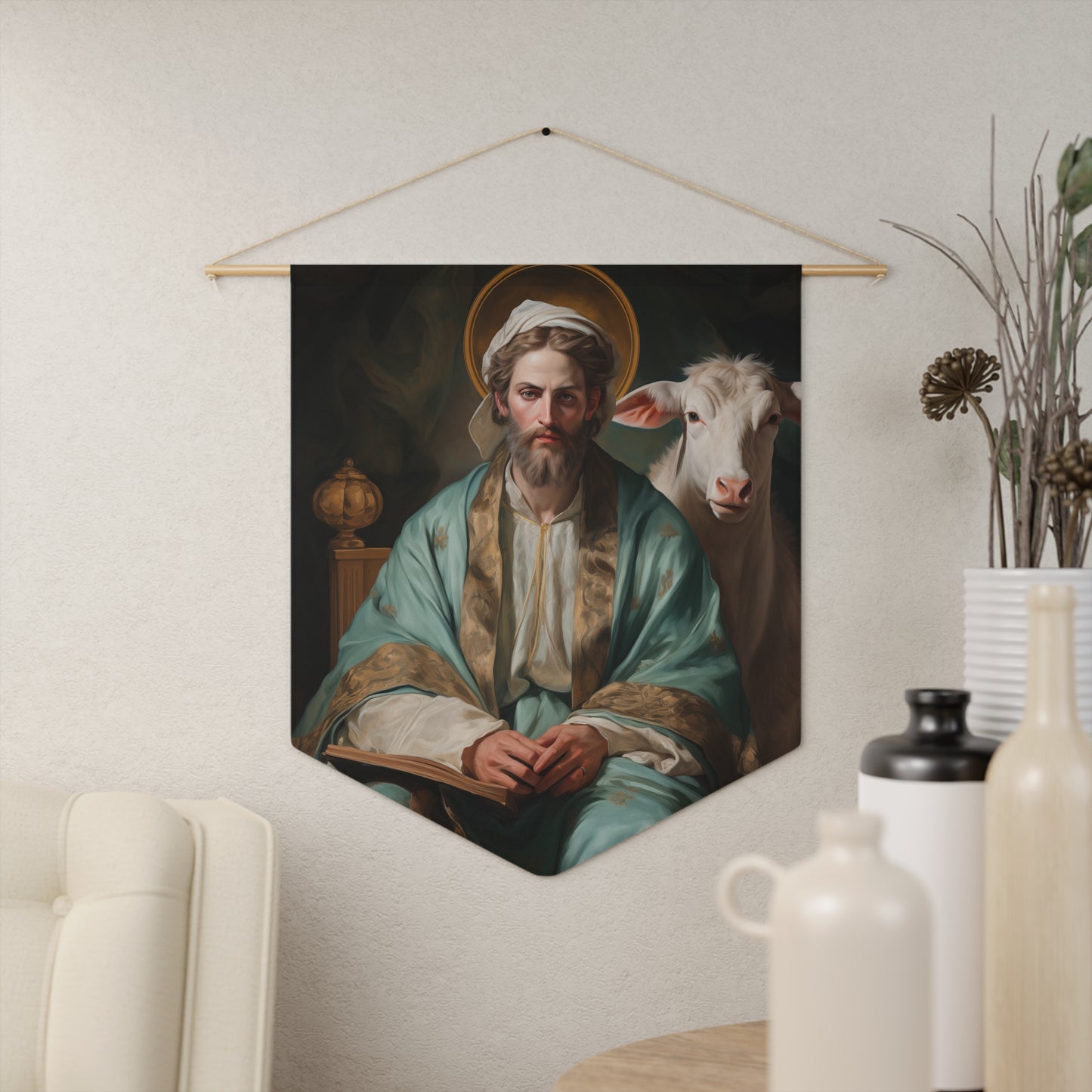 Saint Luke the Evangelist Wall Banner / Wall Hanging - Prayer room art - Catholic Home Art - Large Saint Art for your home - 18" x 21"
