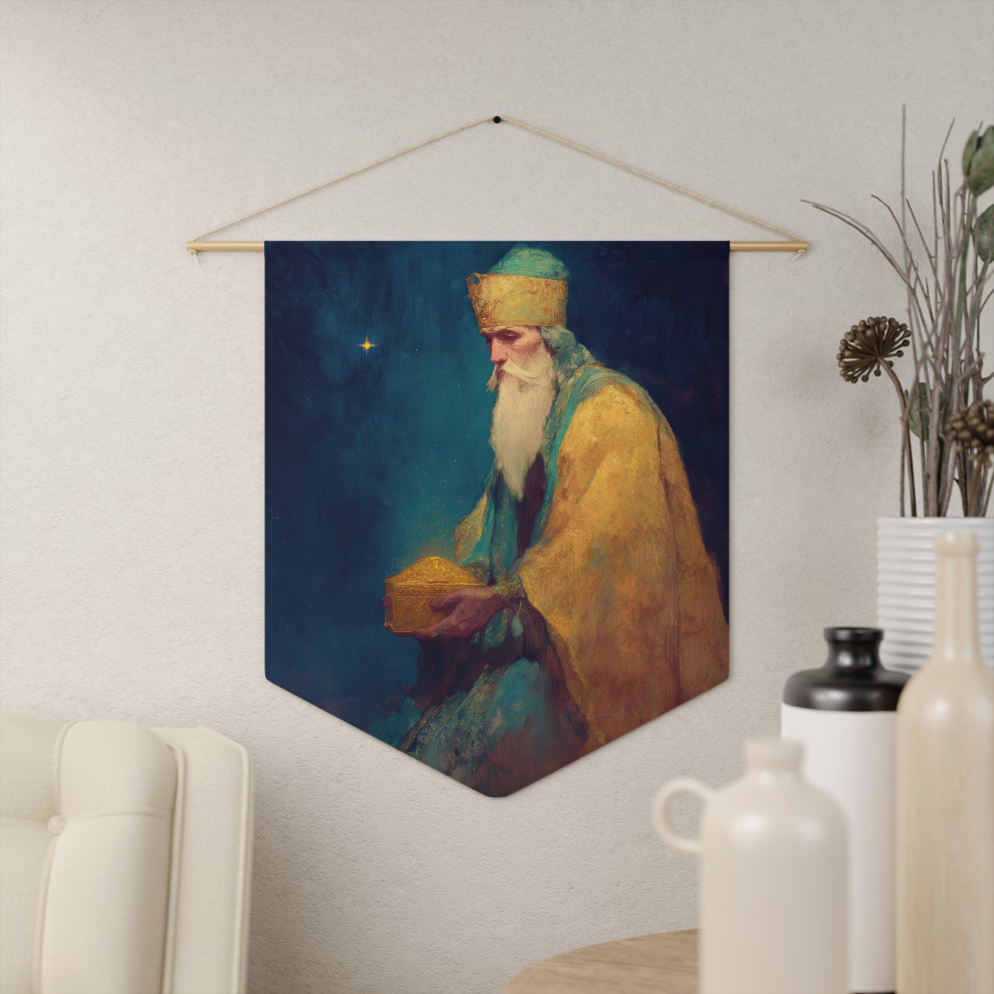 Caspar and the Offering of Worship - 3 Wise Men - Pennant / Banner / Wall Hanging - Prayer room - Catholic Art - Large - 18" x 21"