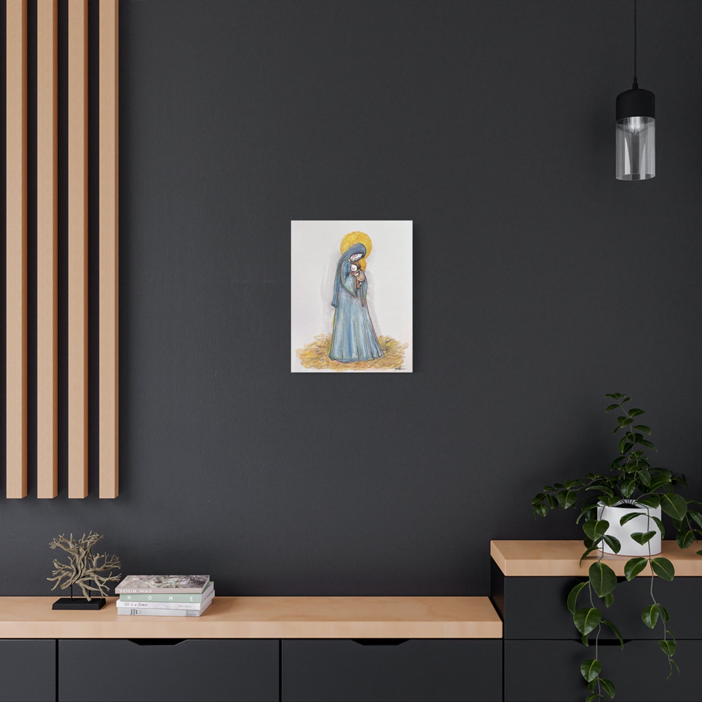 Our Lady of the Manger - Mother Mary Art - Catholic Canvas Print | Virgin Mary Sacred Art | Hand-Drawn Watercolor Christian Wall Art