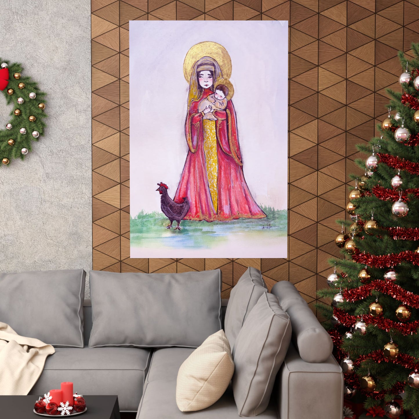 Our Lady of the Hens Catholic Art Print | Hand-Drawn Watercolor Virgin Mary Artwork | Christian Devotional Marian Wall Art