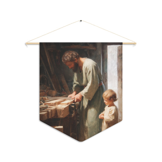 Saint Joseph the Worker Pennant / Banner / Wall Hanging - Prayer room art - Catholic Home - 18" x 21"