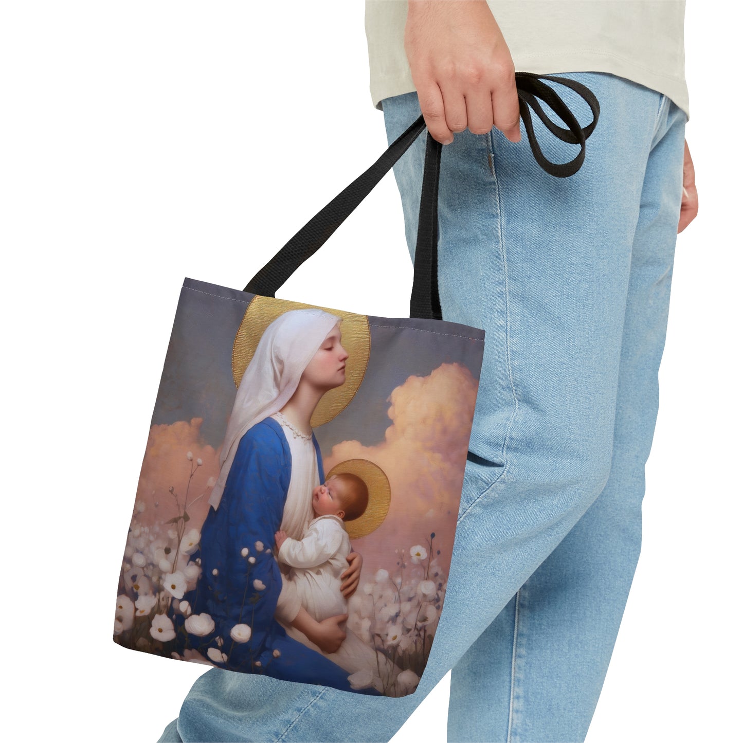 Our Lady Among the Flowers - Tote Bag - Large Medium Small Faith Art Bag - Bible Study Faith Purse - Double Sided Prayer Tote
