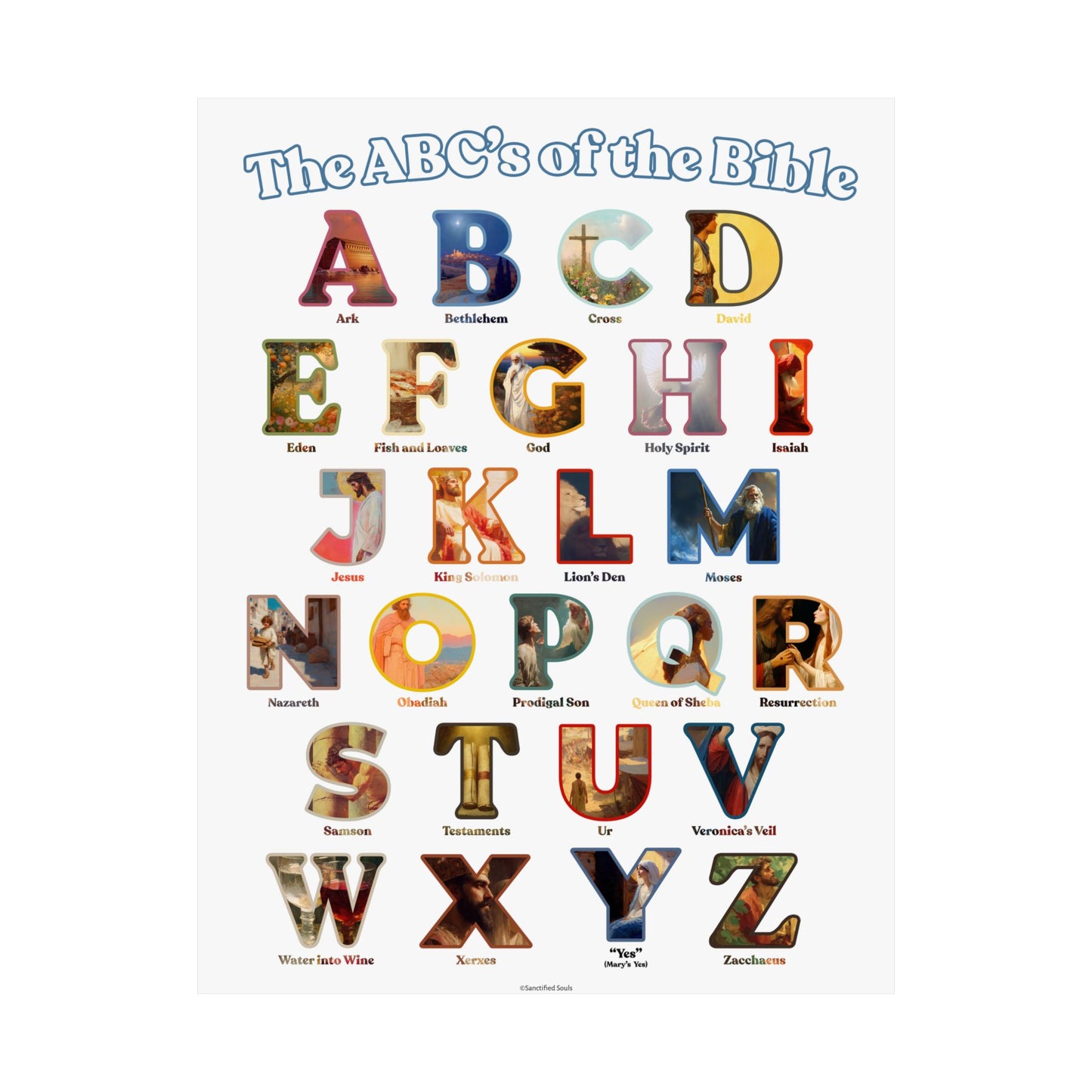 Bible ABC Poster - ABCs of the Bible Wall Art - Biblical People Places and Stories Chart - Christian Homeschool or Sunday School Decor