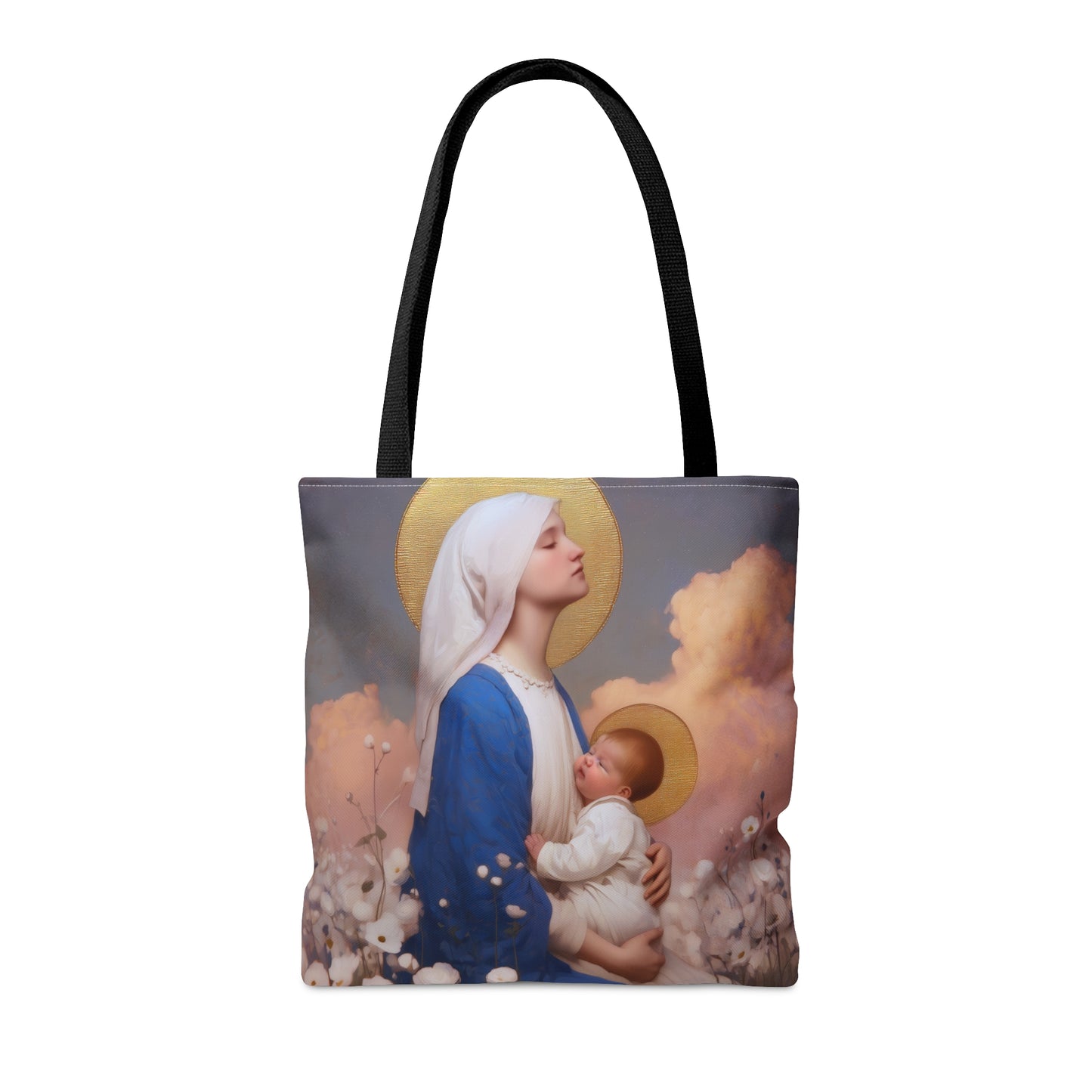 Our Lady Among the Flowers - Tote Bag - Large Medium Small Faith Art Bag - Bible Study Faith Purse - Double Sided Prayer Tote