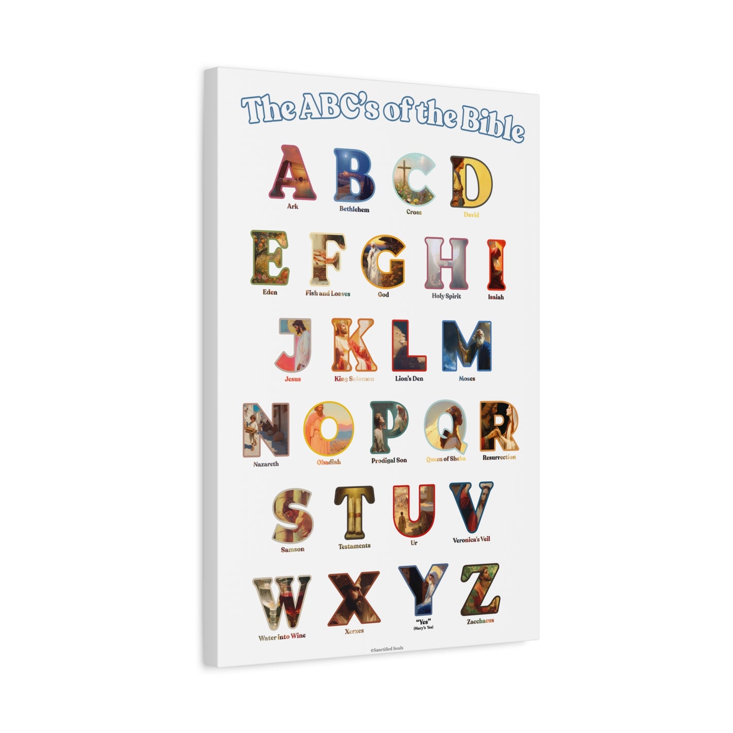 Catholic Bible ABC Prints - Alphabet Canvas - ABCs of the Bible Wall Art - Biblical People Places and Stories -  Homeschool / Sunday School