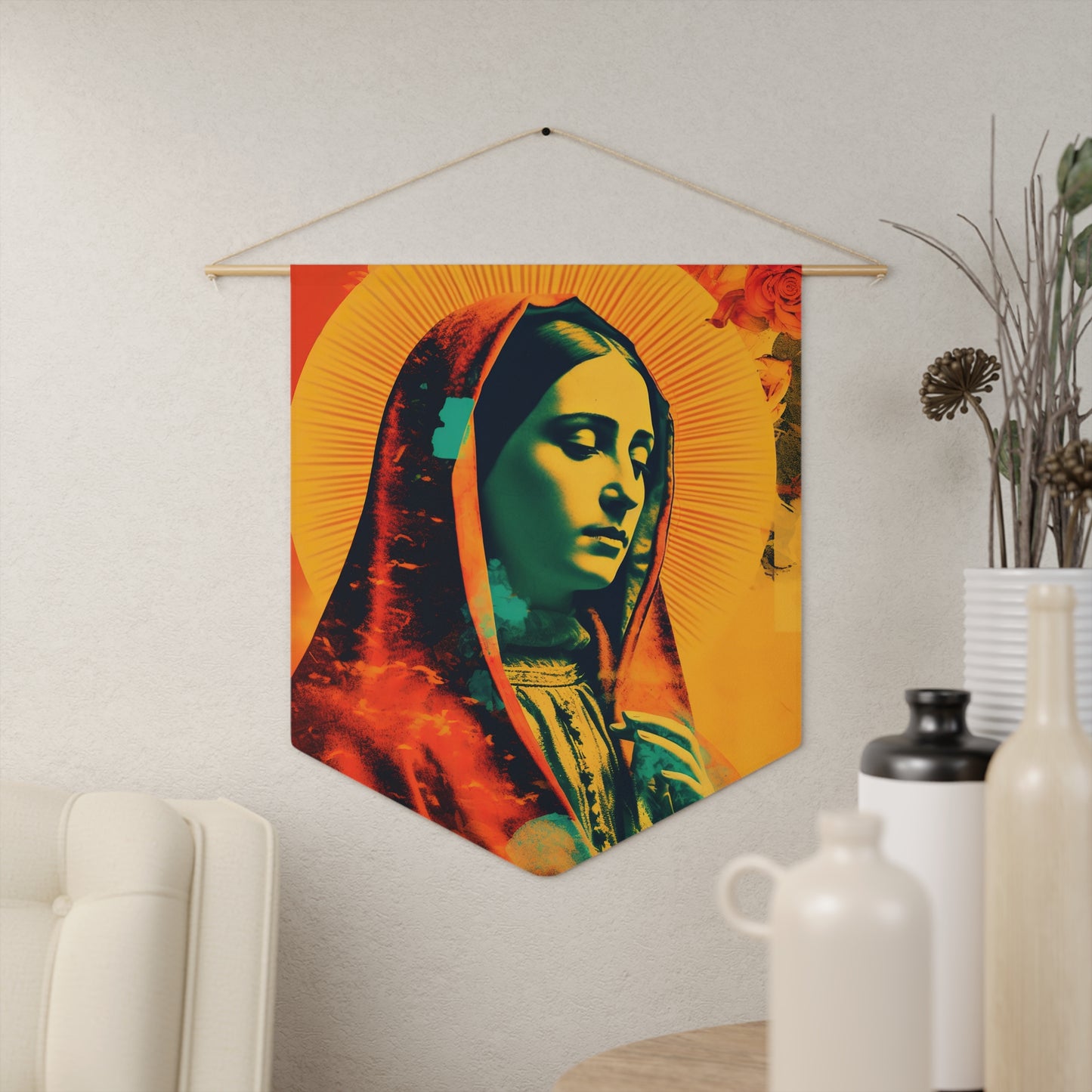 Our Lady's Abundant Love Wall Banner / Wall Hanging - Our Lady of Guadalupe - Catholic Home Art - Large Saint Art for your home - 18" x 21"