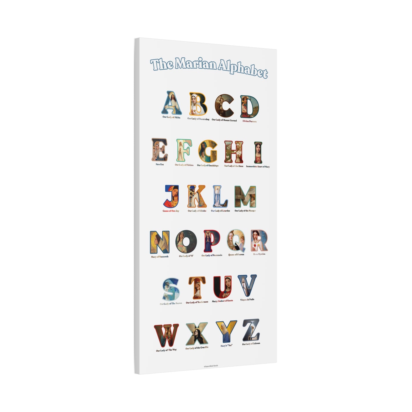 Catholic Marian Alphabet ABC Canvas - Full Alphabet Large Canvas - Catholic ABC Mary - Marian Titles - Catholic Nursery / Homeschool