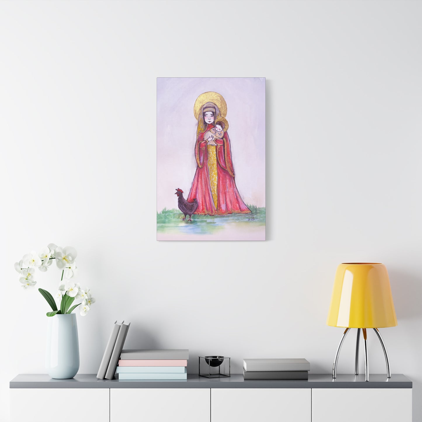 Our Lady of the Hens Catholic Canvas Print | Virgin Mary and Child Sacred Art | Hand-Drawn Watercolor Marian Wall Art