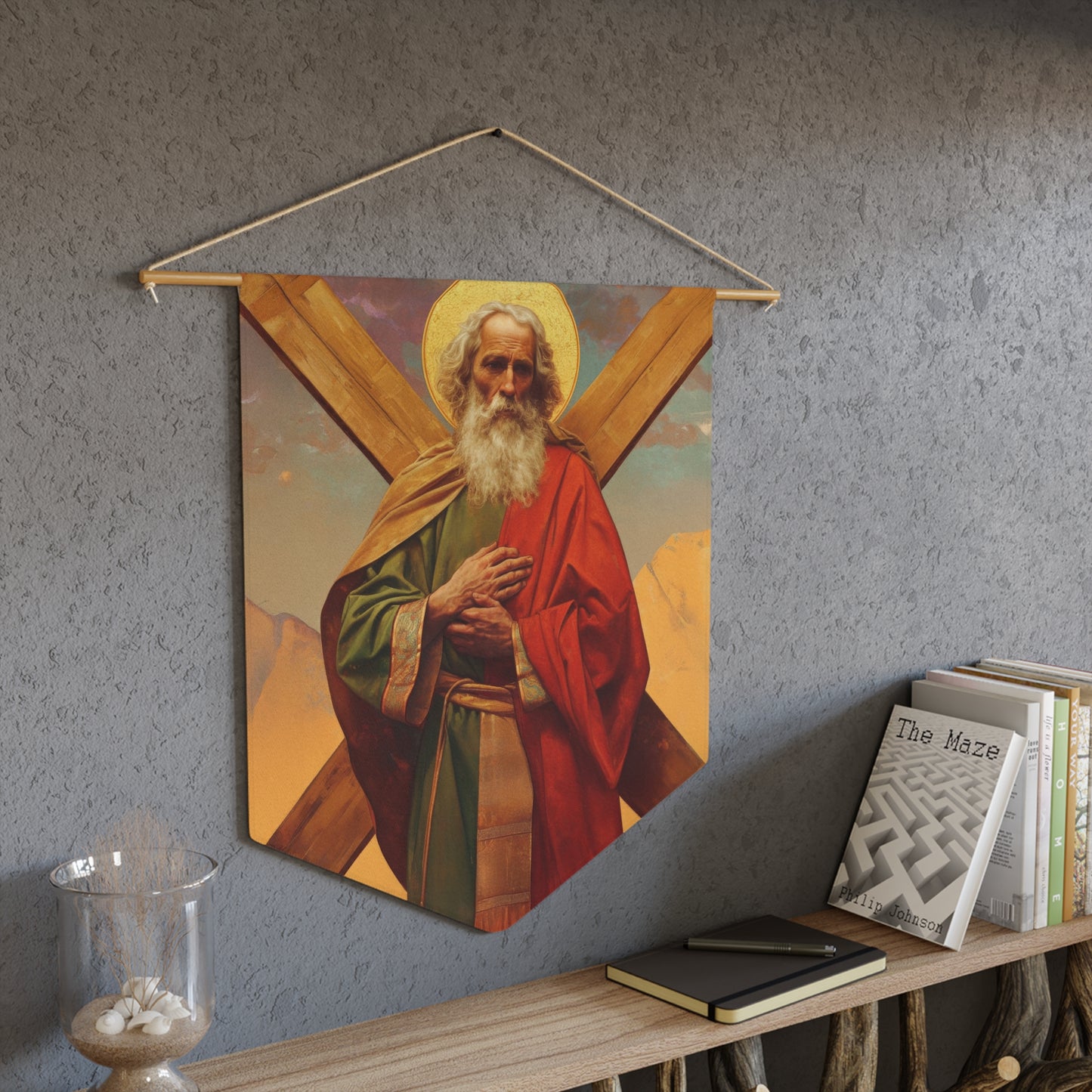 Saint Andrew the Apostle - Pennant / Banner / Wall Hanging - Prayer room art - Catholic Home Art - Large Saint Art for your home - 18" x 21"