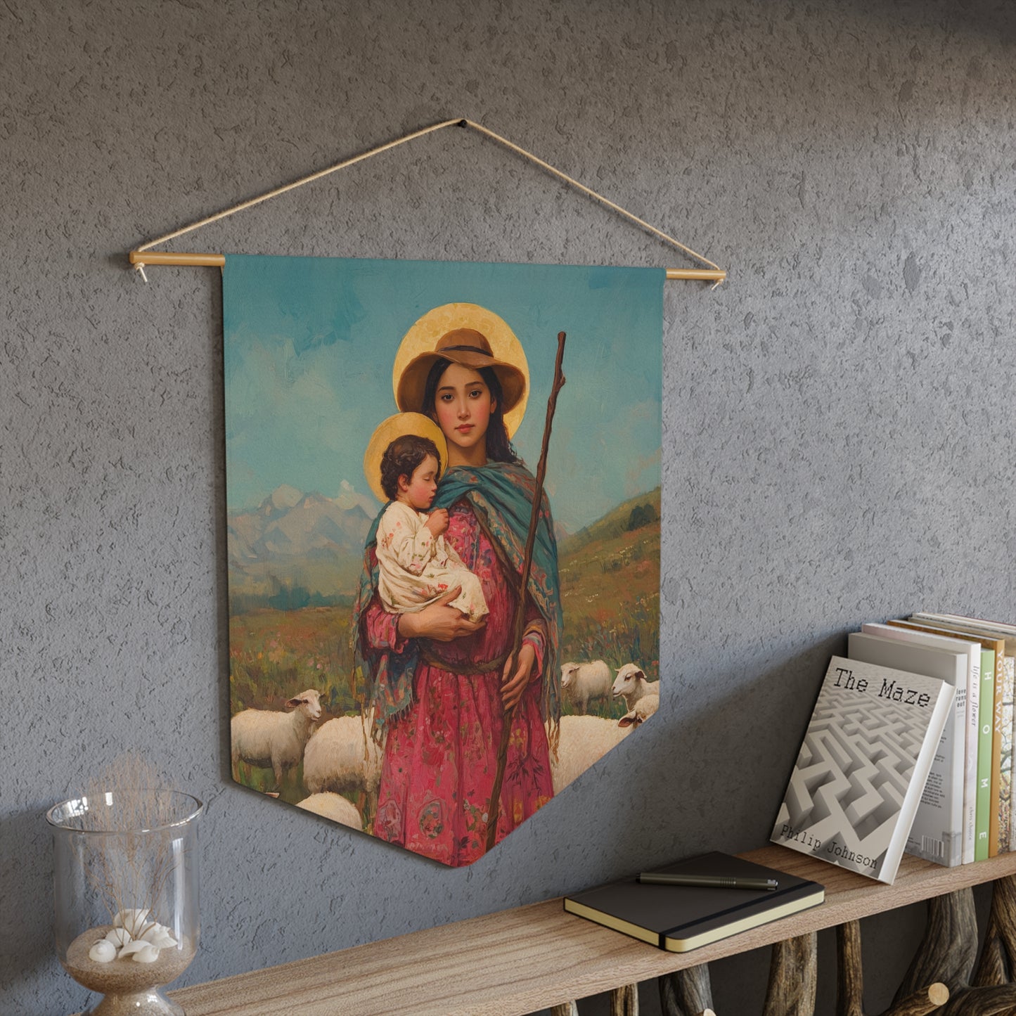 Divina Pastora - Divine Shepherdess - Marian Title - Mother Mary - Pennant / Banner / Wall Hanging - Catholic Art - Large - 18" x 21"