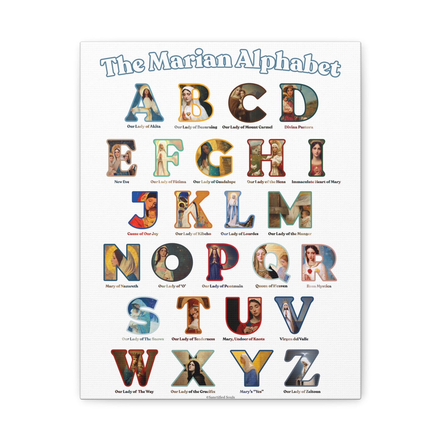 Catholic Marian Alphabet ABC Canvas - Full Alphabet Large Canvas - Catholic ABC Mary - Marian Titles - Catholic Nursery / Homeschool