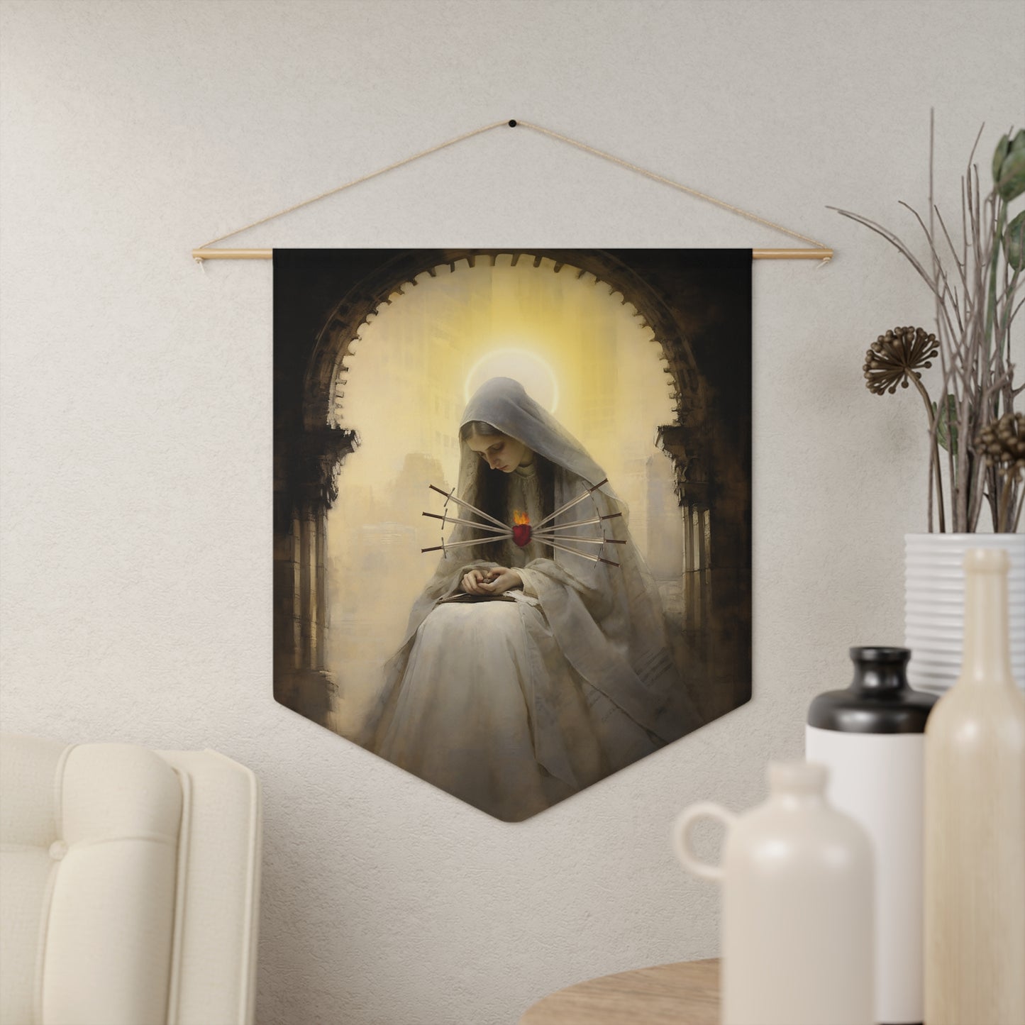 Our Lady of Sorrows Wall Banner / Wall Hanging - Mary the Blessed Virgin Art for your home - Prayer room - Catholic Home Art - 18" x 21"