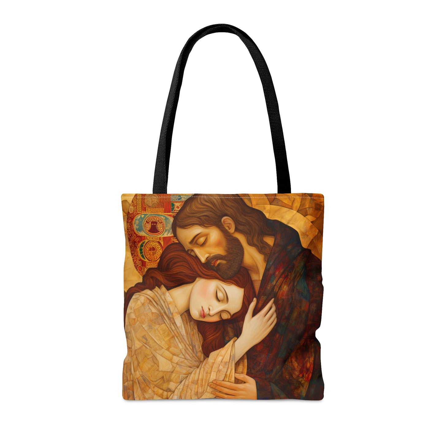 Healing Love- The Embrace of Christ and Mary Magdalene Tote Bag - Catholic faith inspired carry-all purse - Based on The Kiss by Klimt