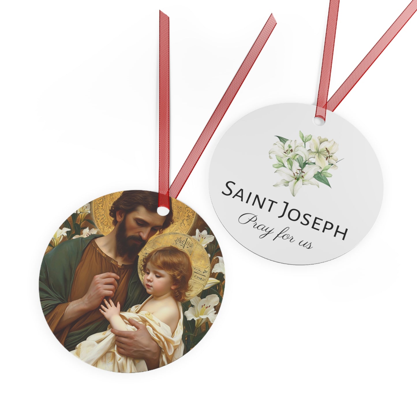Saint Joseph and the Christ Child Metal Ornament - Religious Holiday Christmas Ornament and Keepsake - Double sided - Prayer Ornament