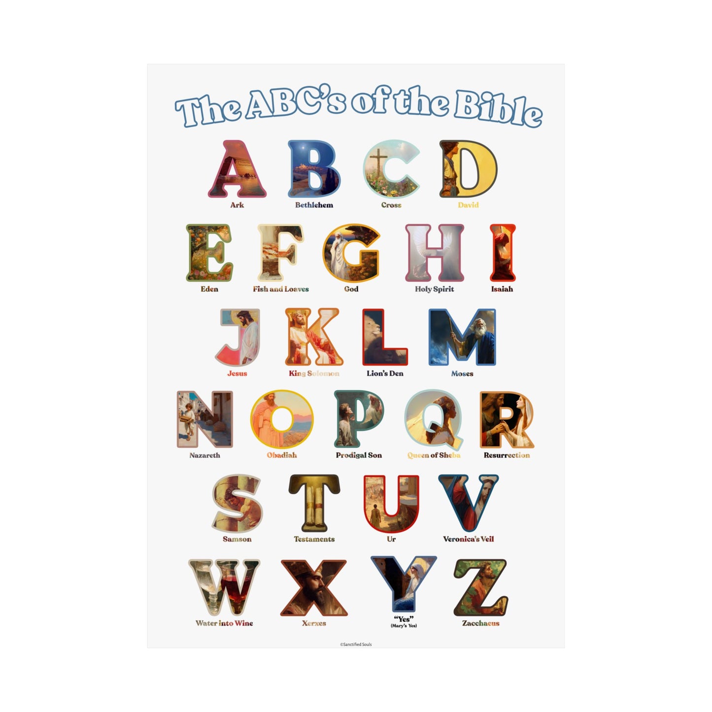 Bible ABC Poster - ABCs of the Bible Wall Art - Biblical People Places and Stories Chart - Christian Homeschool or Sunday School Decor