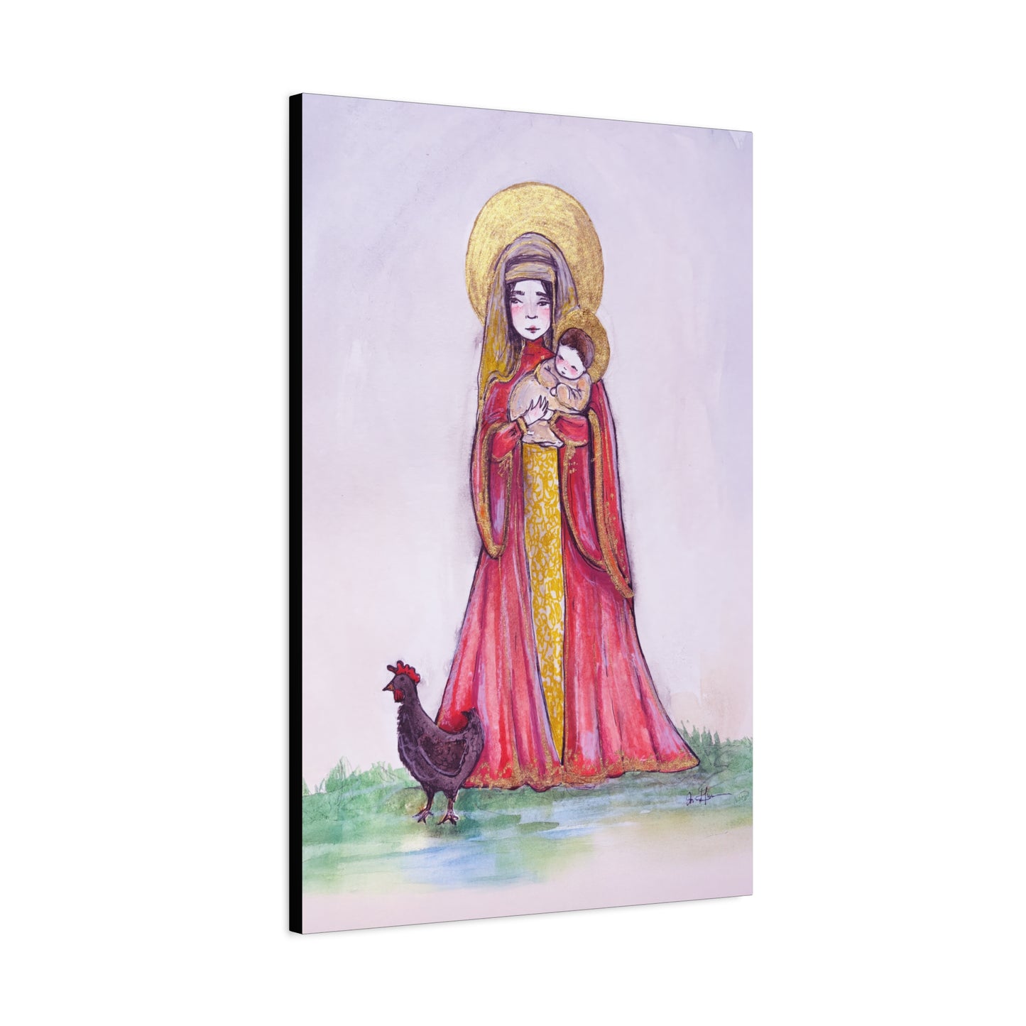 Our Lady of the Hens Catholic Canvas Print | Virgin Mary and Child Sacred Art | Hand-Drawn Watercolor Marian Wall Art