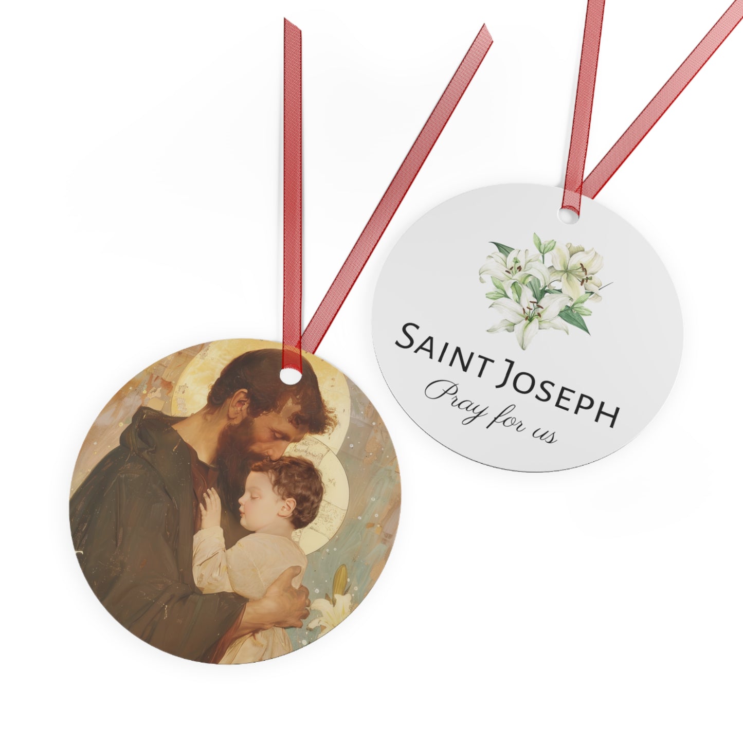 Saint Joseph and the Christ Child Metal Ornament - Religious Holiday Christmas Ornament and Keepsake - Double sided - Prayer Ornament