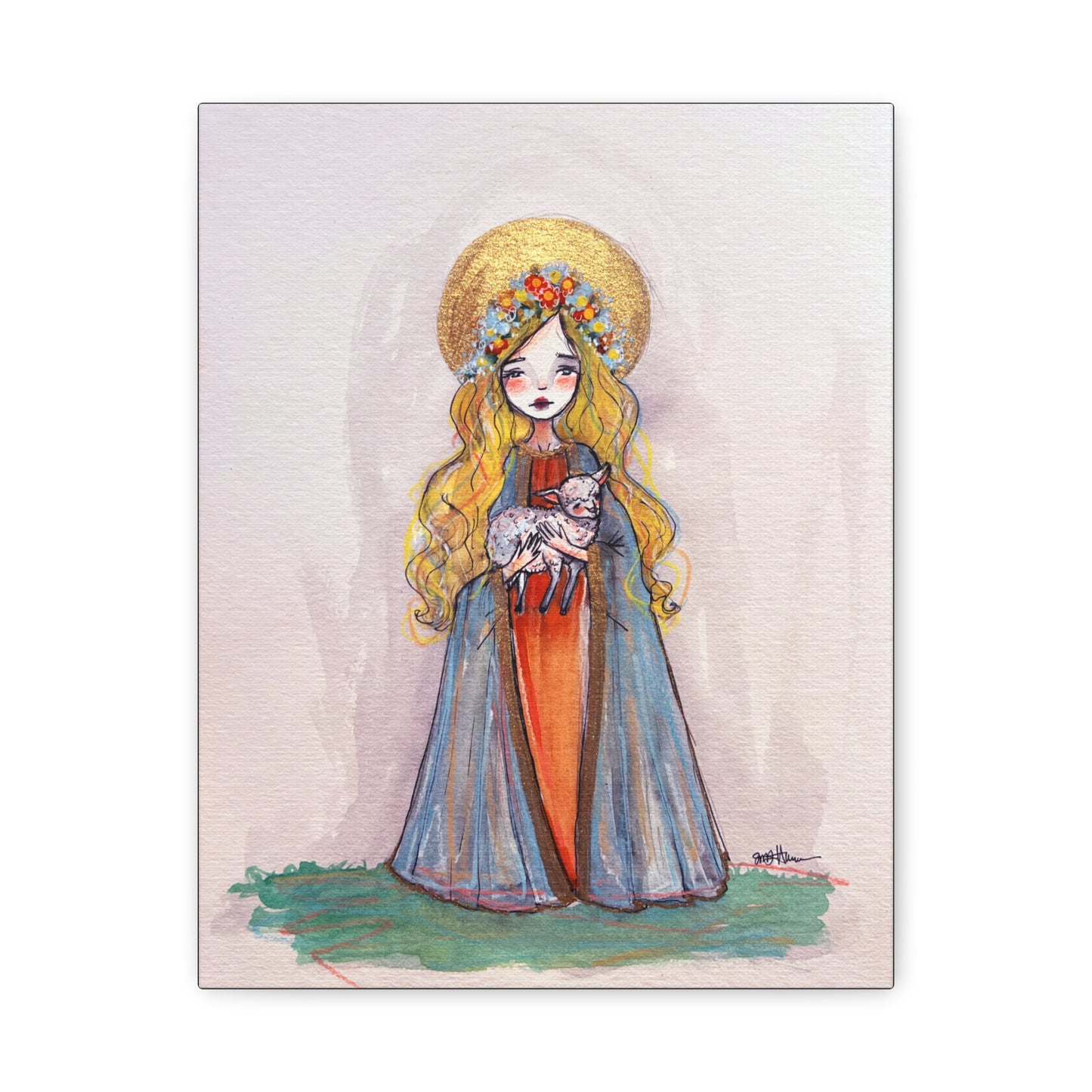 Saint Agnes of Rome Catholic Canvas Print | Christian Sacred Art | Hand-Drawn Watercolor Devotional Wall Art Religious Artwork