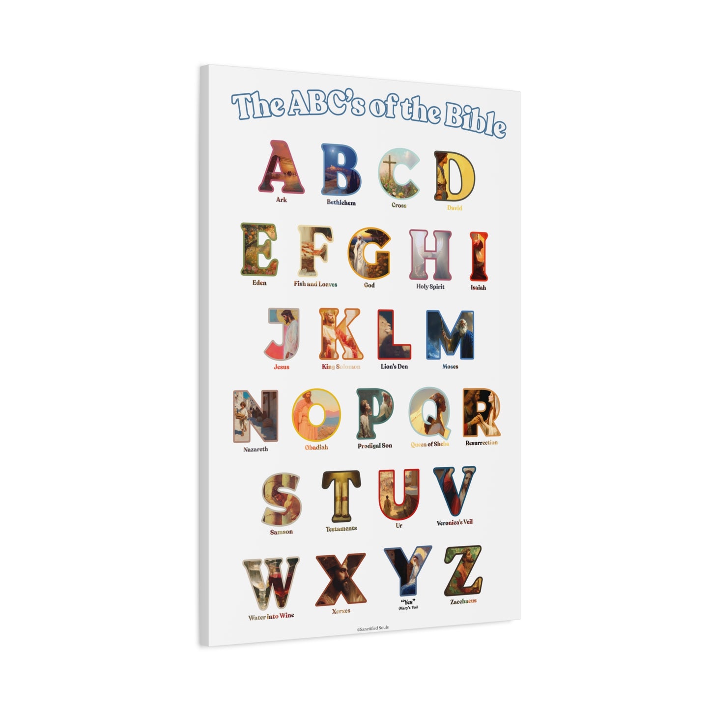 Catholic Bible ABC Prints - Alphabet Canvas - ABCs of the Bible Wall Art - Biblical People Places and Stories -  Homeschool / Sunday School
