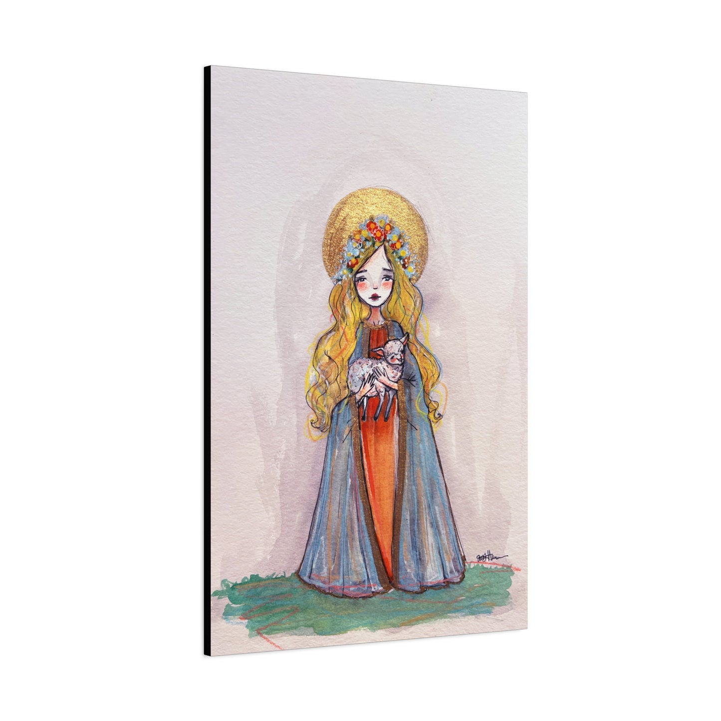 Saint Agnes of Rome Catholic Canvas Print | Christian Sacred Art | Hand-Drawn Watercolor Devotional Wall Art Religious Artwork