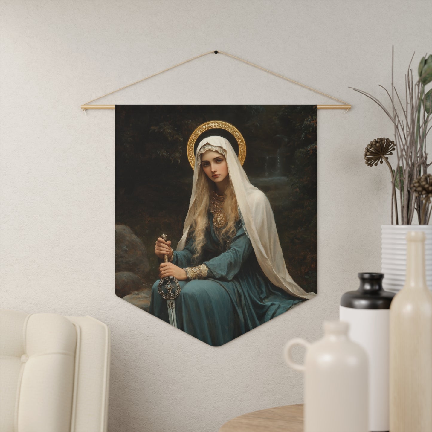 Saint Winifred Pennant / Banner / Wall Hanging - Prayer room art - 18" x 21" - Catholic prayer Religious - Large Print