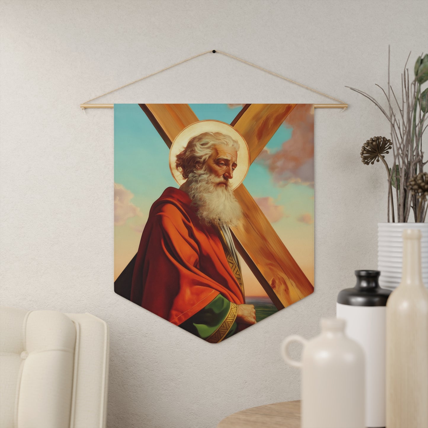 Saint Andrew the Apostle Pennant / Banner / Wall Hanging - Prayer room art - 18" x 21" - Catholic prayer Religious - Large Print