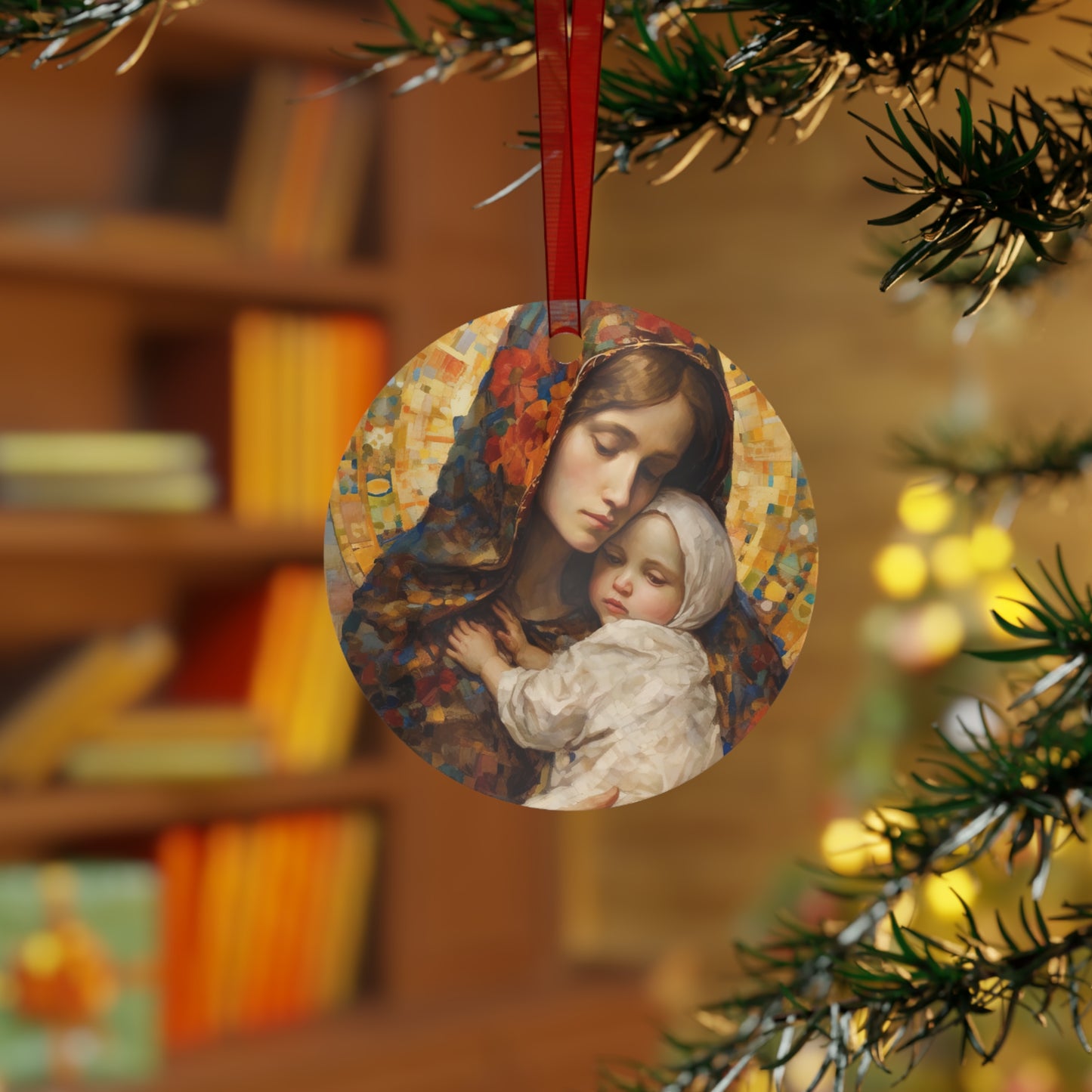 Holy Maternal Bond - Mary and the Christ Baby Metal Ornament - Religious Holiday Christmas Ornament