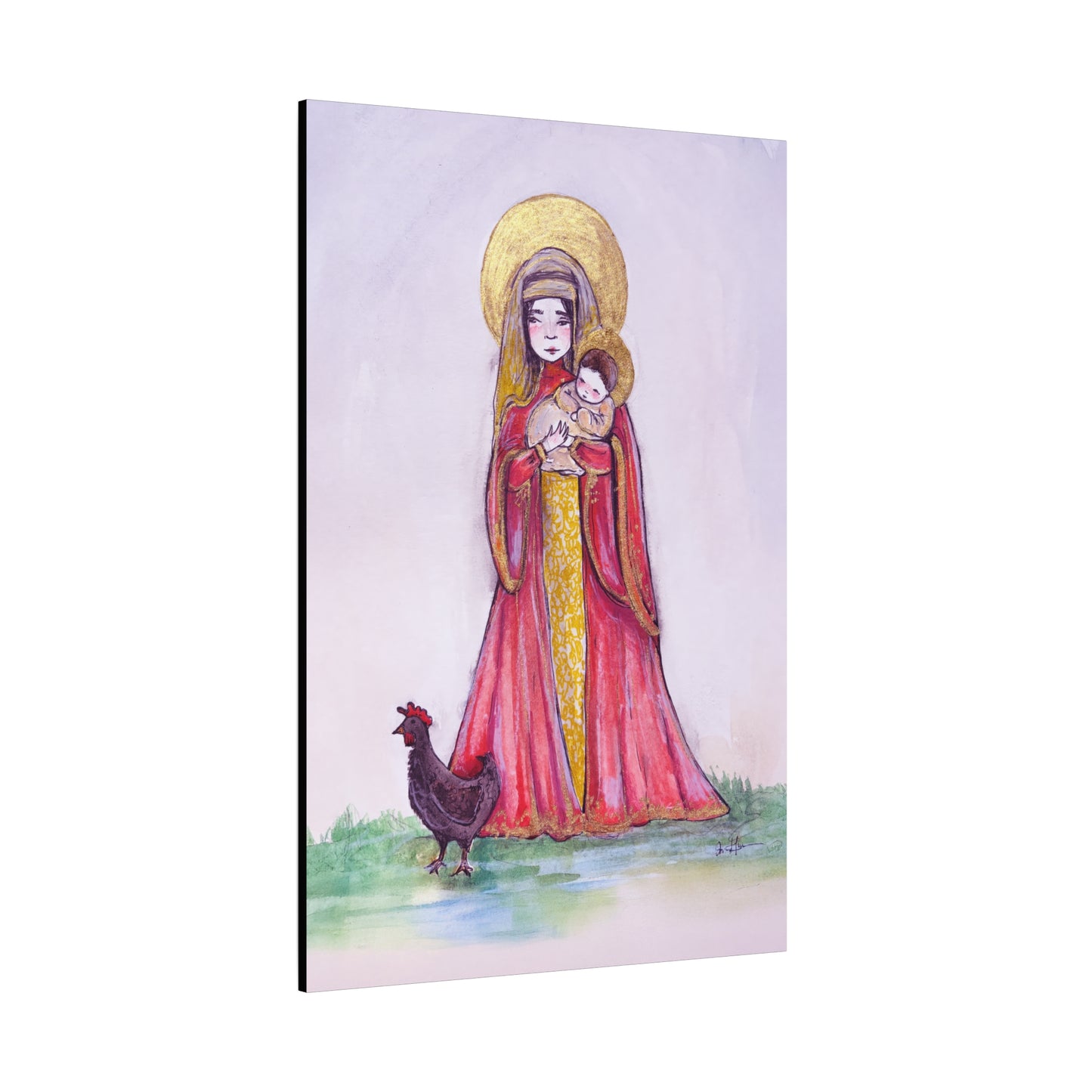 Our Lady of the Hens Catholic Canvas Print | Virgin Mary and Child Sacred Art | Hand-Drawn Watercolor Marian Wall Art