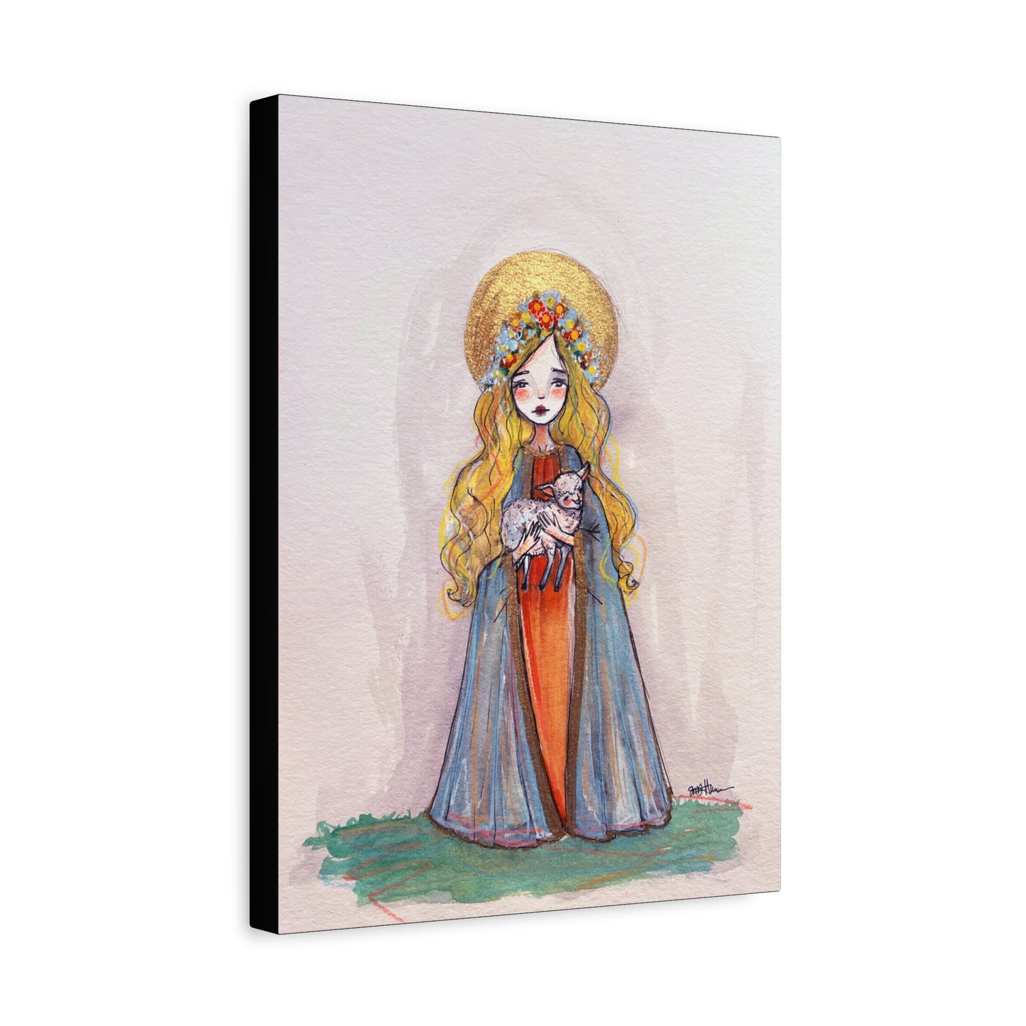 Saint Agnes of Rome Catholic Canvas Print | Christian Sacred Art | Hand-Drawn Watercolor Devotional Wall Art Religious Artwork