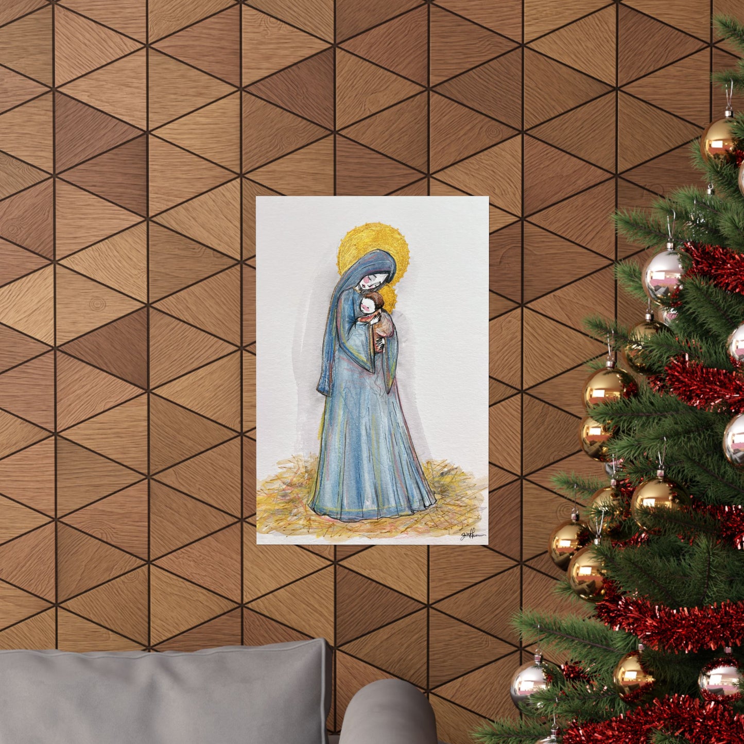 Our Lady of the Manger Catholic Art Print | Hand-Drawn Watercolor Virgin Mary Artwork | Christian Devotional Wall Art